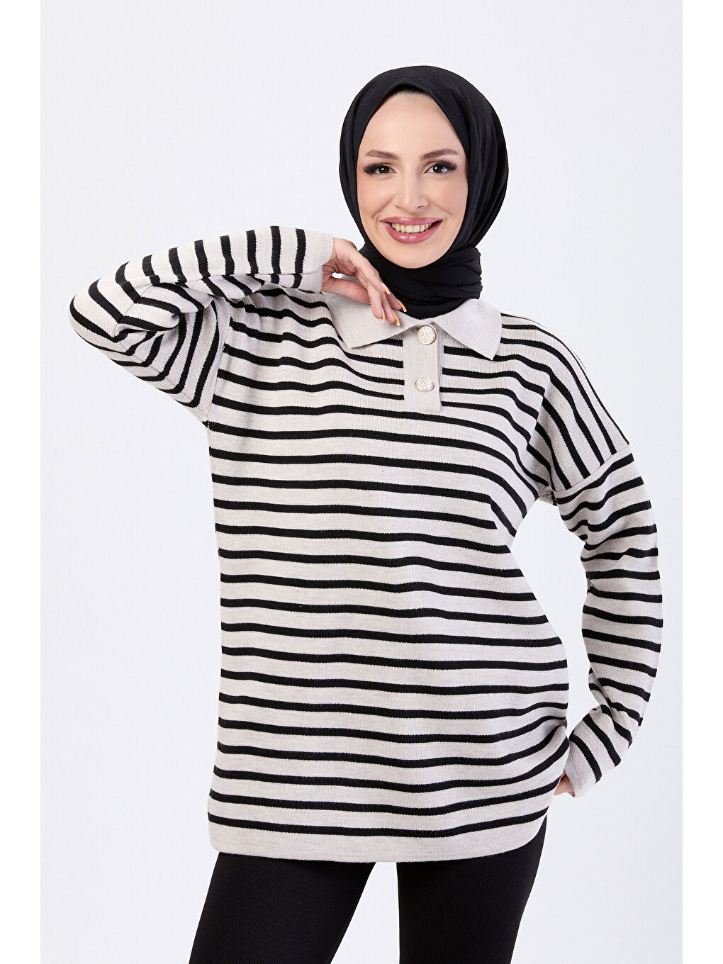 Bej Çift Düğmeli Çizgili Triko Kazak Tas - 27628-3