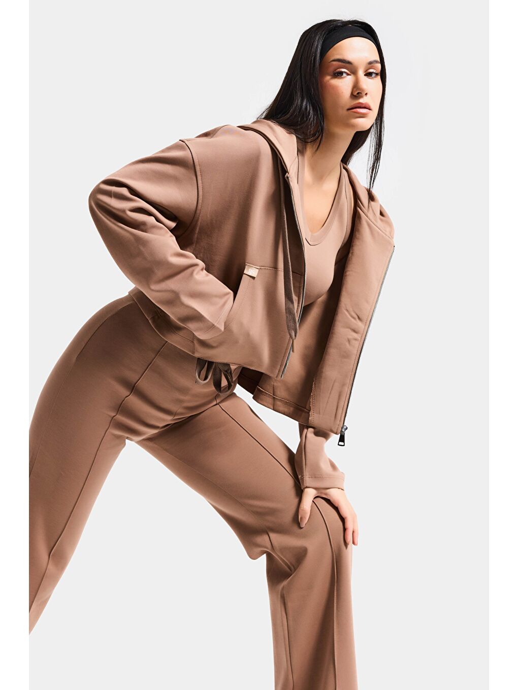 Kahverengi Kadın Kahve s6-16 Örme Kumaş Flare Eşofman Büstiyer ve Fermuarlı Sweatshirt 3'lü Kombin Takım-1