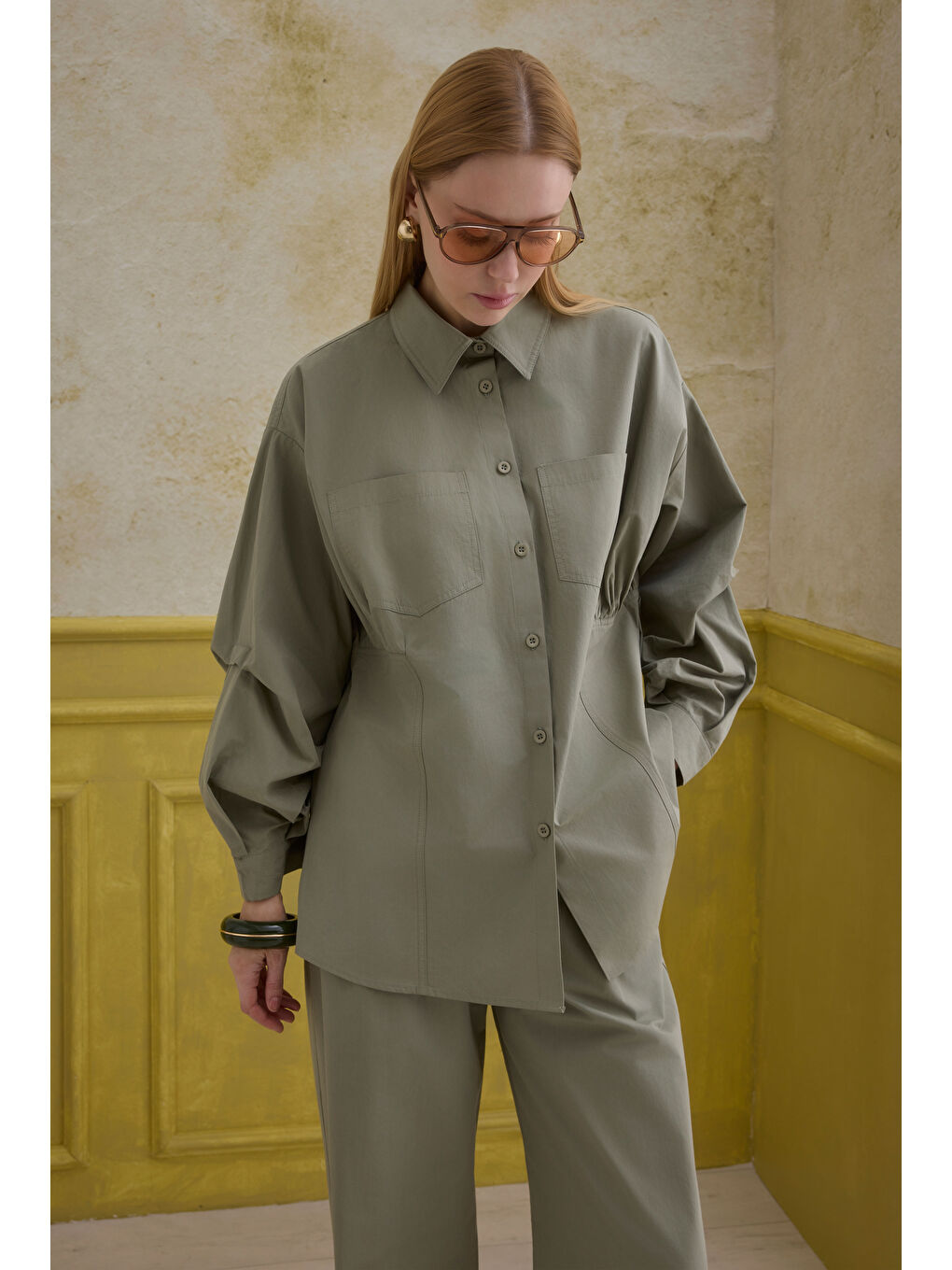 Yeşil %100 Pamuk Kol Detaylı Gömlek Adaçayı-4