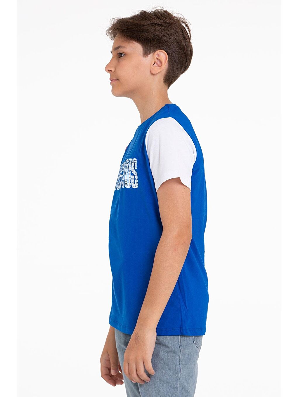 Mavi Kısa Kol Saks Renk Erkek Çocuk Tshirt-4