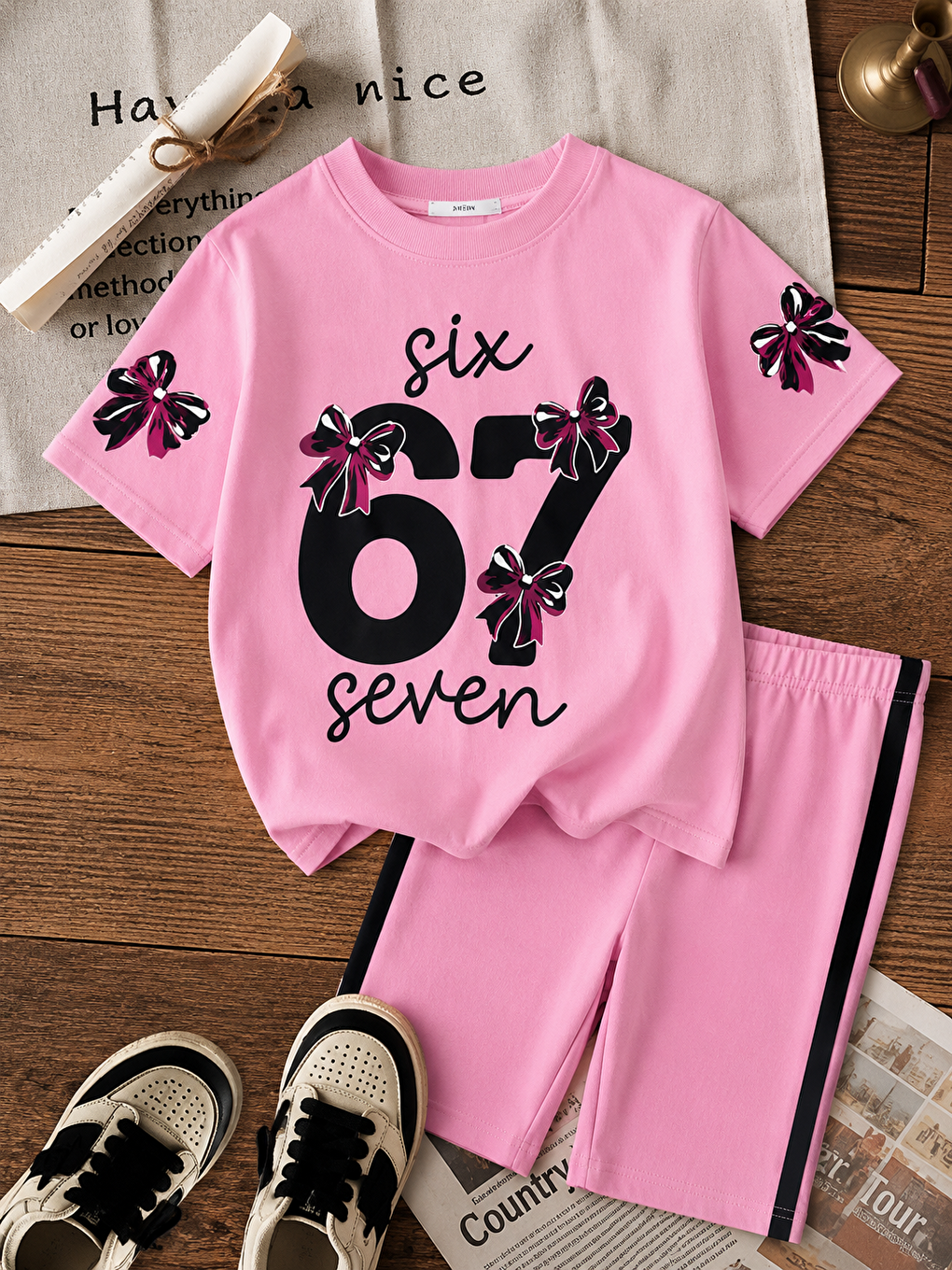 Kız Çocuk 67 Baskılı Pamuklu Elastanlı Pembe Renk Oversize Tişörtlü Kapri Takım-1