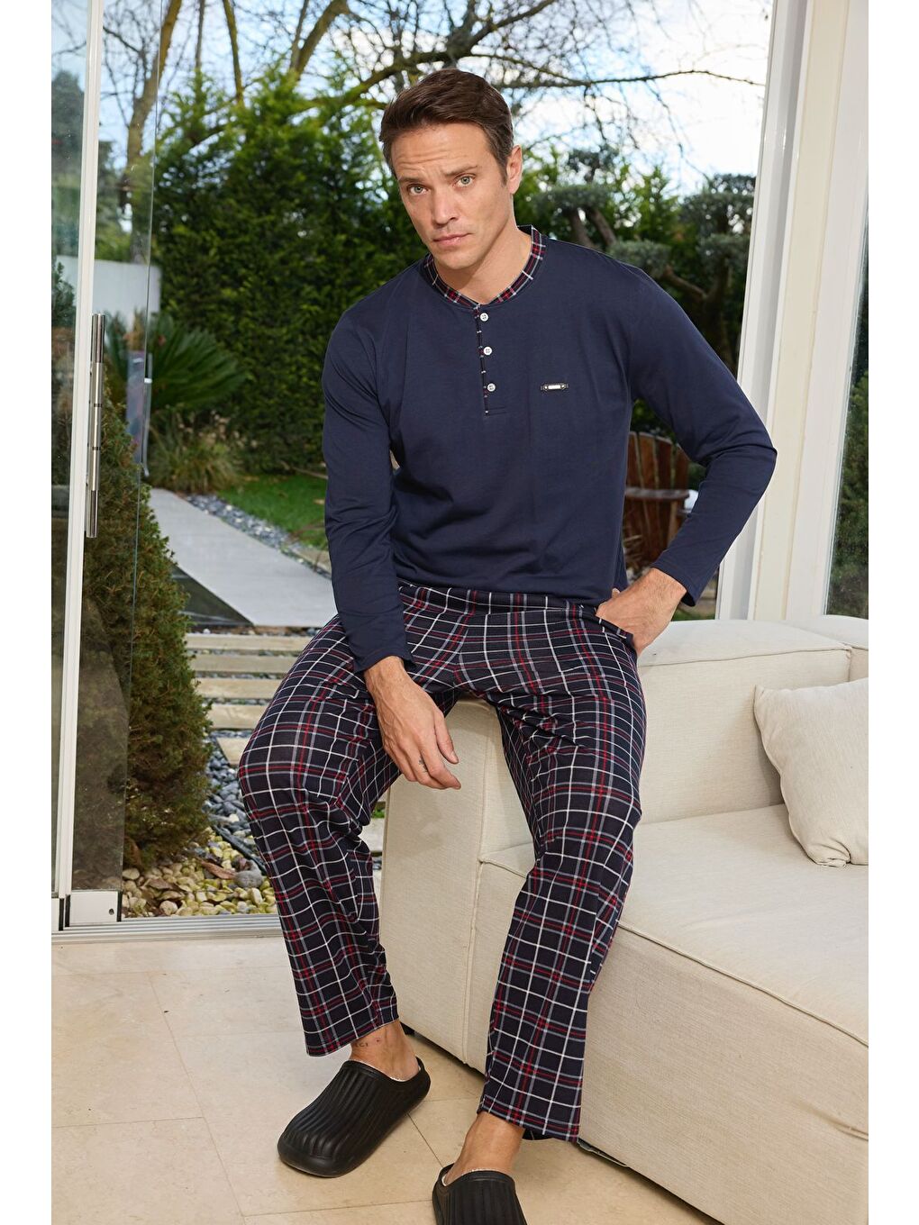 Lacivert Erkek %100 Doğal Pamuk Ekoseli Uzun Kollu Baskılı Kaliteli Pijama Takımı-1