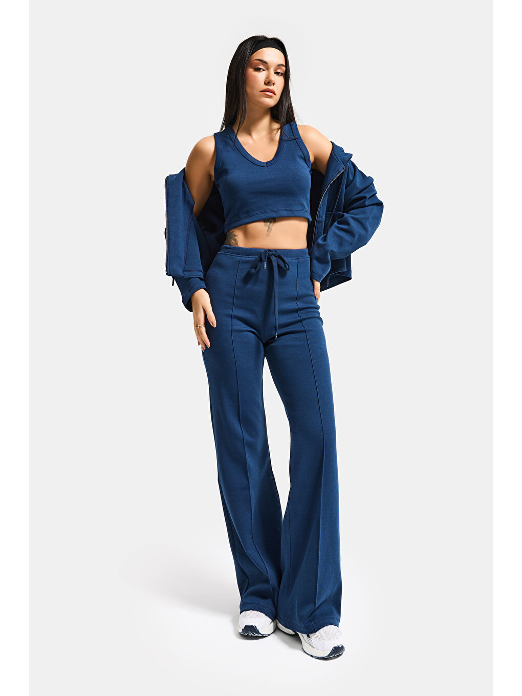 Kadın Lacivert s6-56 Örme Kumaş Flare Eşofman Büstiyer ve Fermuarlı Sweatshirt 3'lü Kombin Takım-4