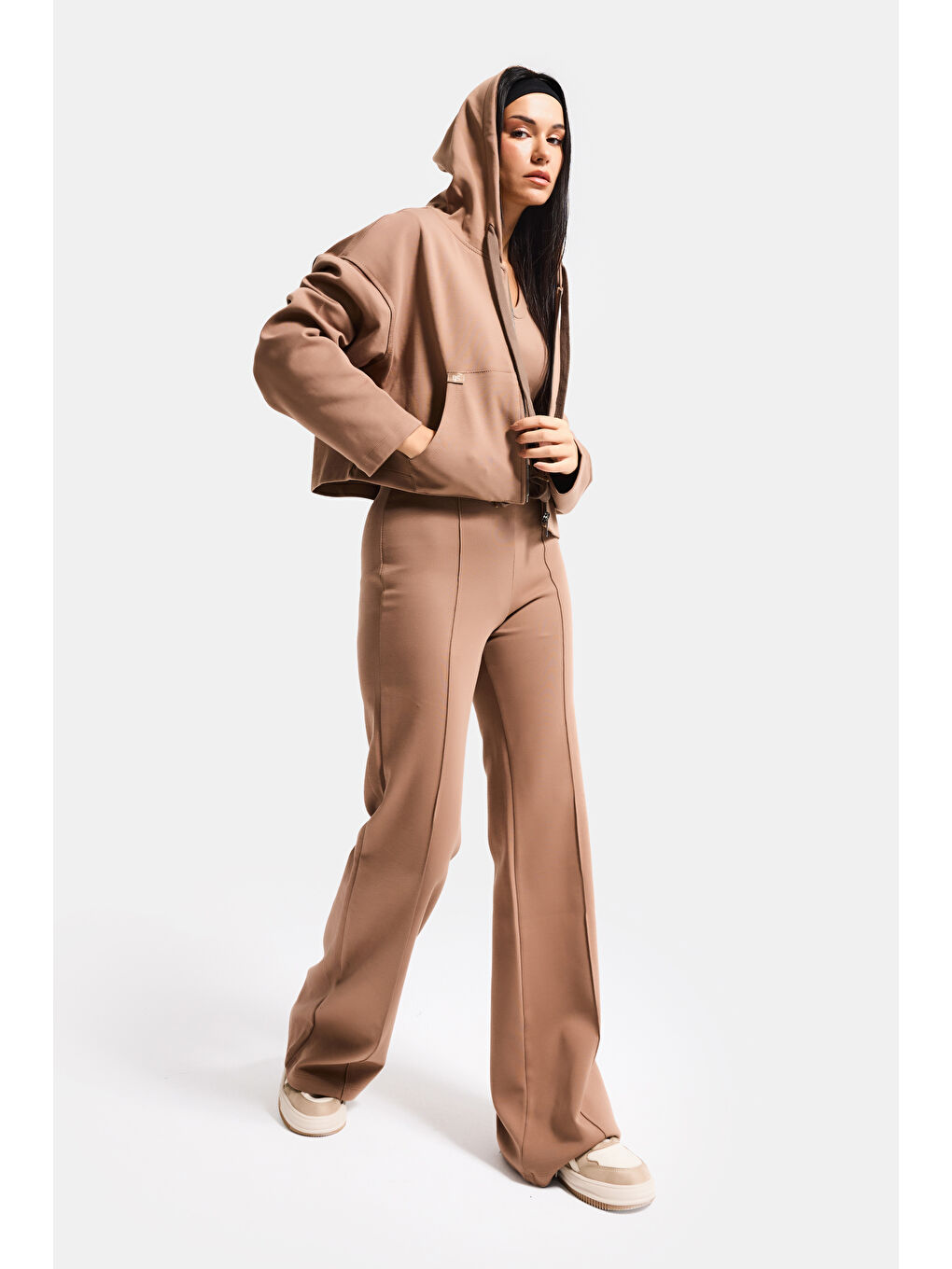 Kahverengi Kadın Kahve s6-16 Örme Kumaş Flare Eşofman Büstiyer ve Fermuarlı Sweatshirt 3'lü Kombin Takım-2