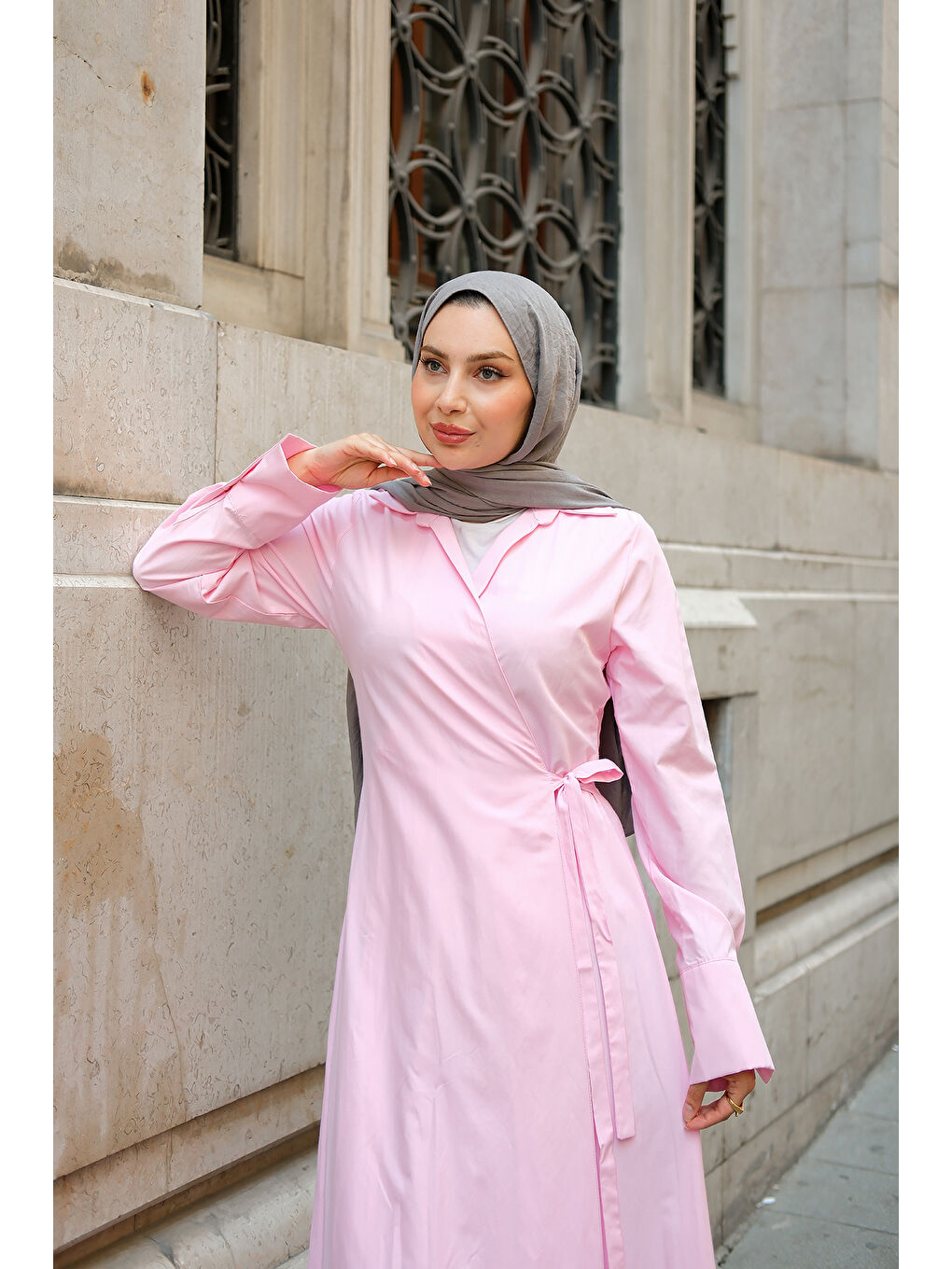 Kadın Poplin Yan Bağlamalı Elbise Pembe-1