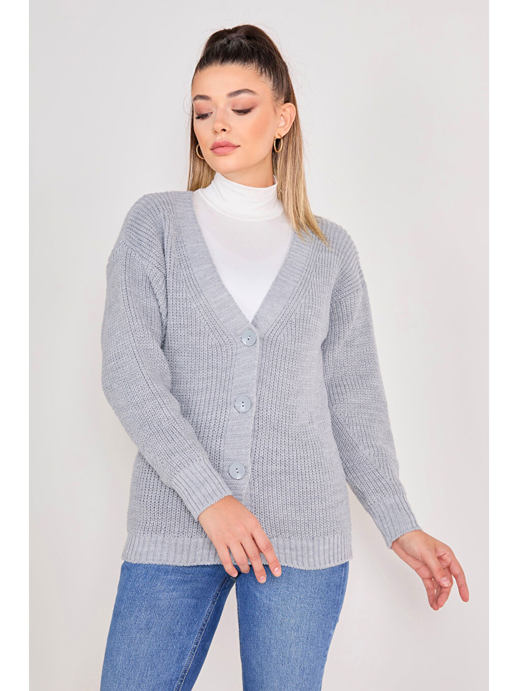 Düğmeli Triko Hırka Gri - 27651