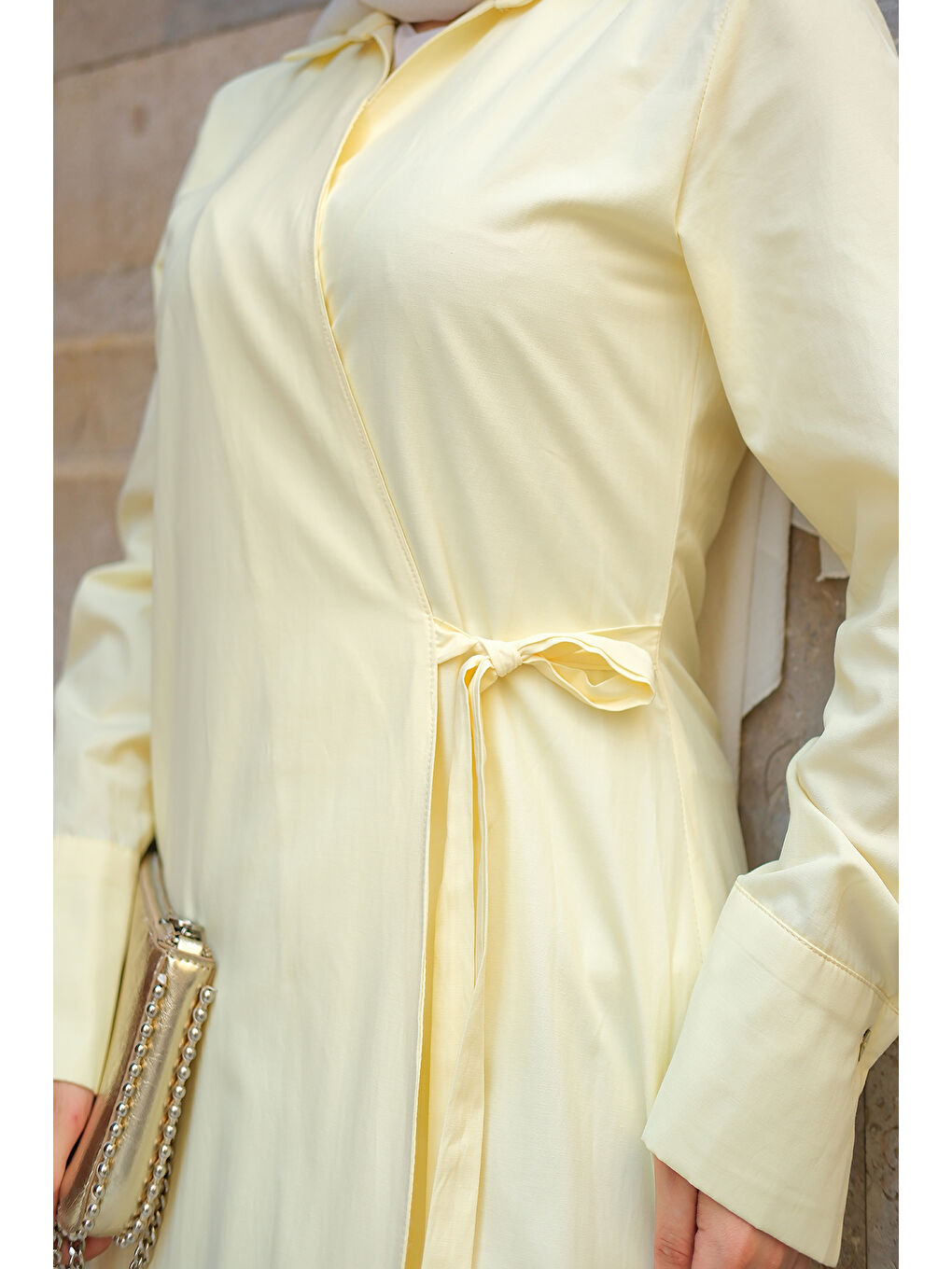 Kadın Poplin Yan Bağlamalı Elbise Sarı-3
