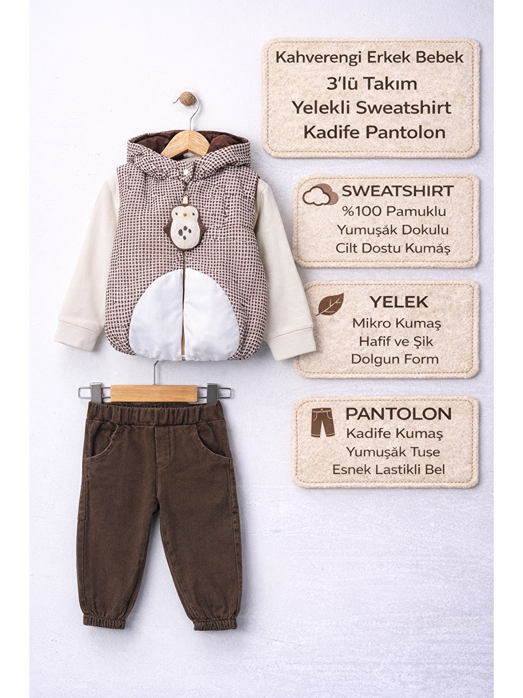 Kahverengi Erkek Bebek 3’lü Takım 9-24 Ay Şişme Yelek %100 Pamuk Sweatshirt Kadife Pantolon-2