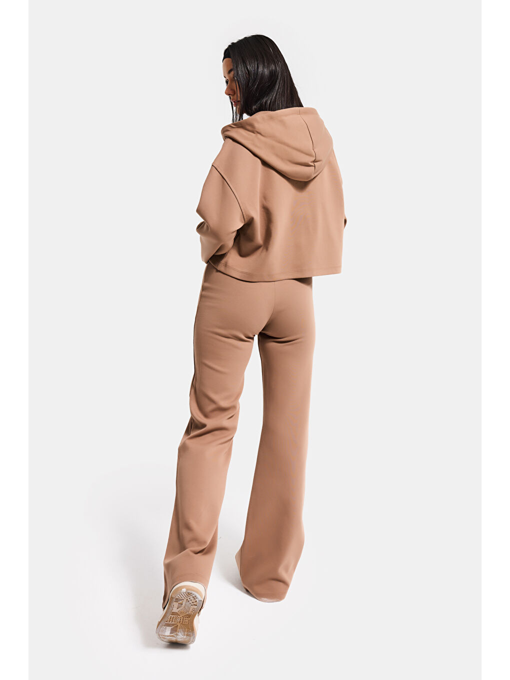 Kahverengi Kadın Kahve s6-16 Örme Kumaş Flare Eşofman Büstiyer ve Fermuarlı Sweatshirt 3'lü Kombin Takım-3