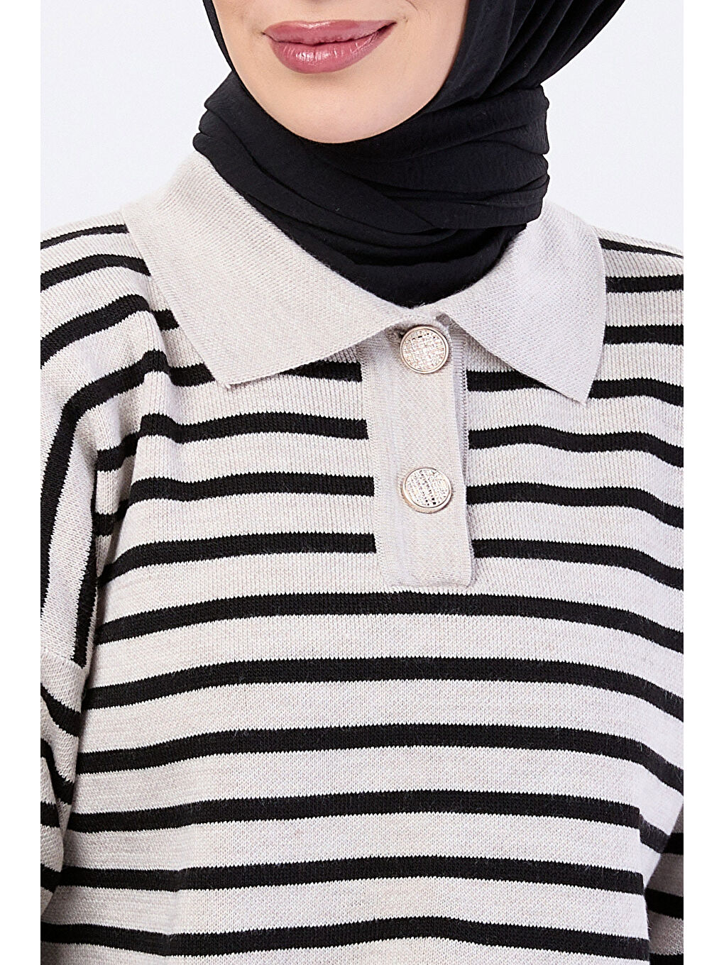 Bej Çift Düğmeli Çizgili Triko Kazak Tas - 27628-4