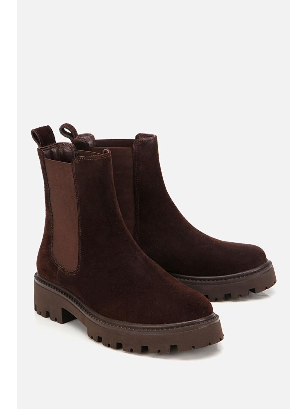 Kadın Deri Süet Kahverengi Lastik Detaylı Kalın Tabanlı Düz Bot-1