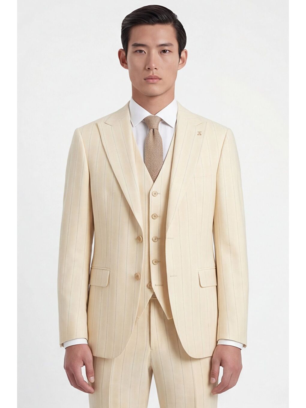 Erkek Viskon Karışımlı 8 Drop Klasik Bej Yelekli Takım Elbise