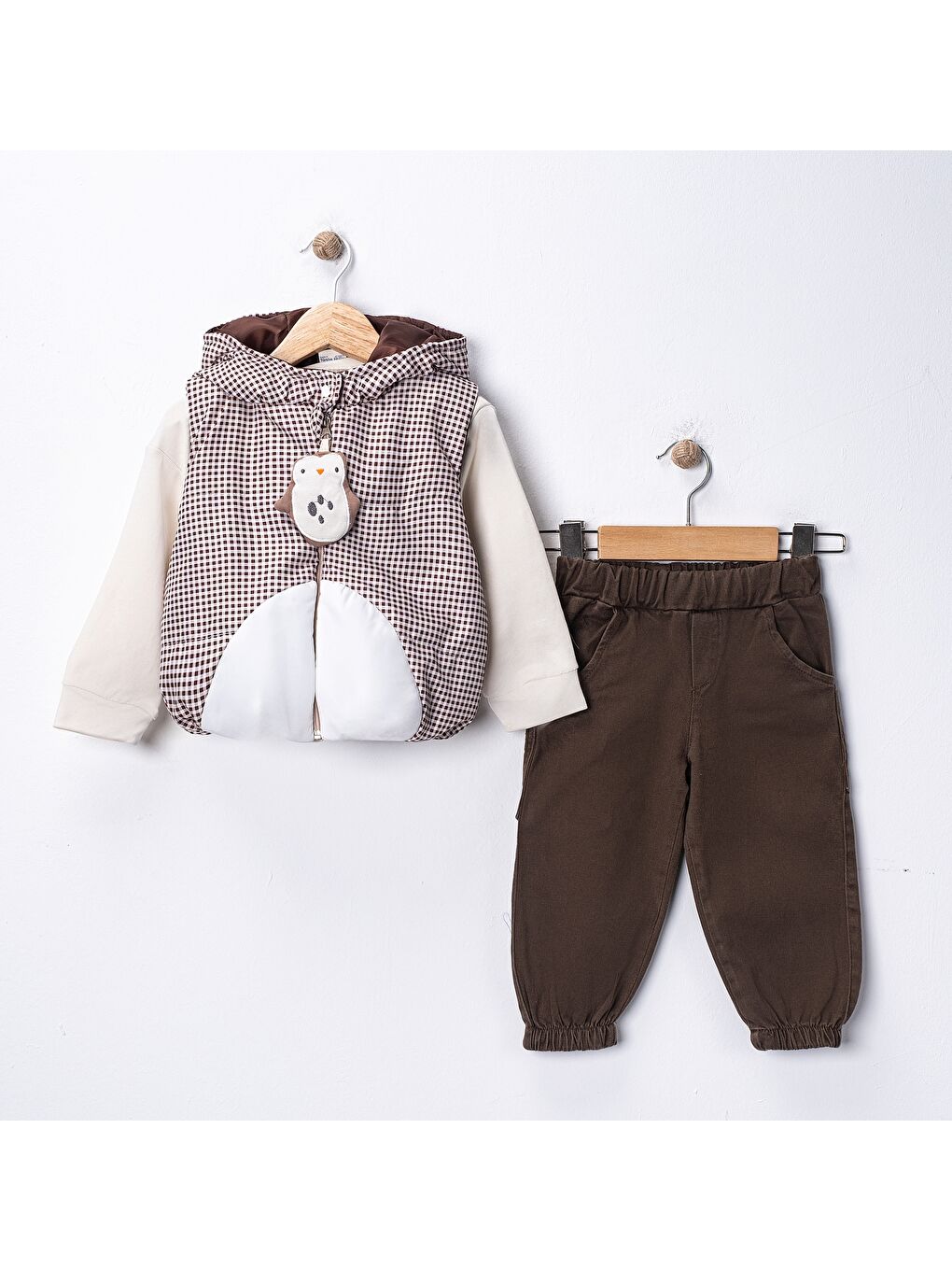 Kahverengi Erkek Bebek 3’lü Takım 9-24 Ay Şişme Yelek %100 Pamuk Sweatshirt Kadife Pantolon-3