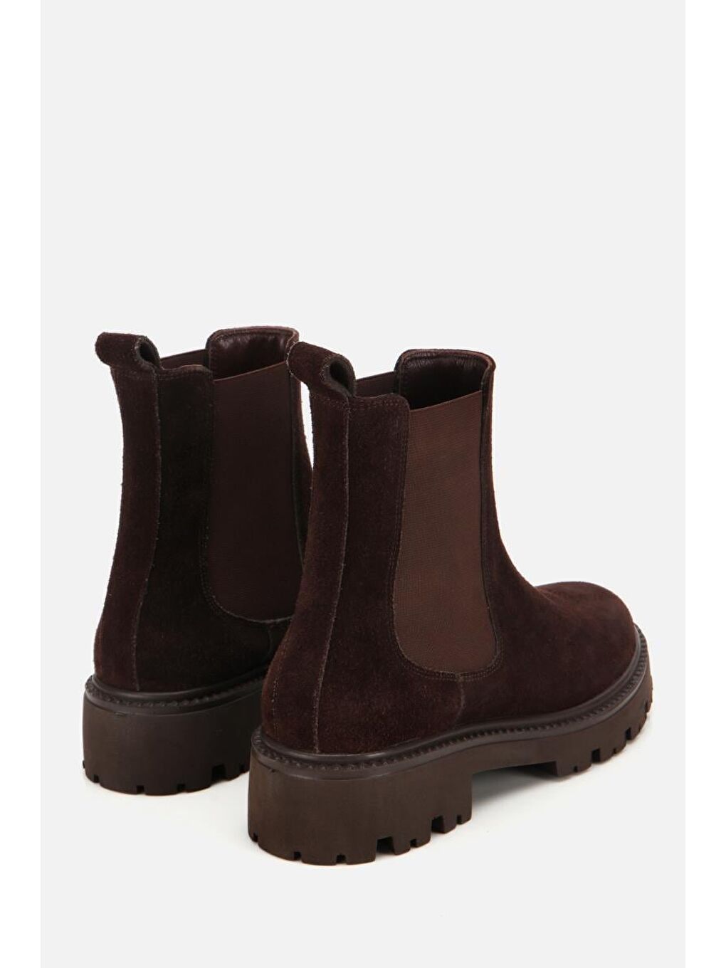 Kadın Deri Süet Kahverengi Lastik Detaylı Kalın Tabanlı Düz Bot-2