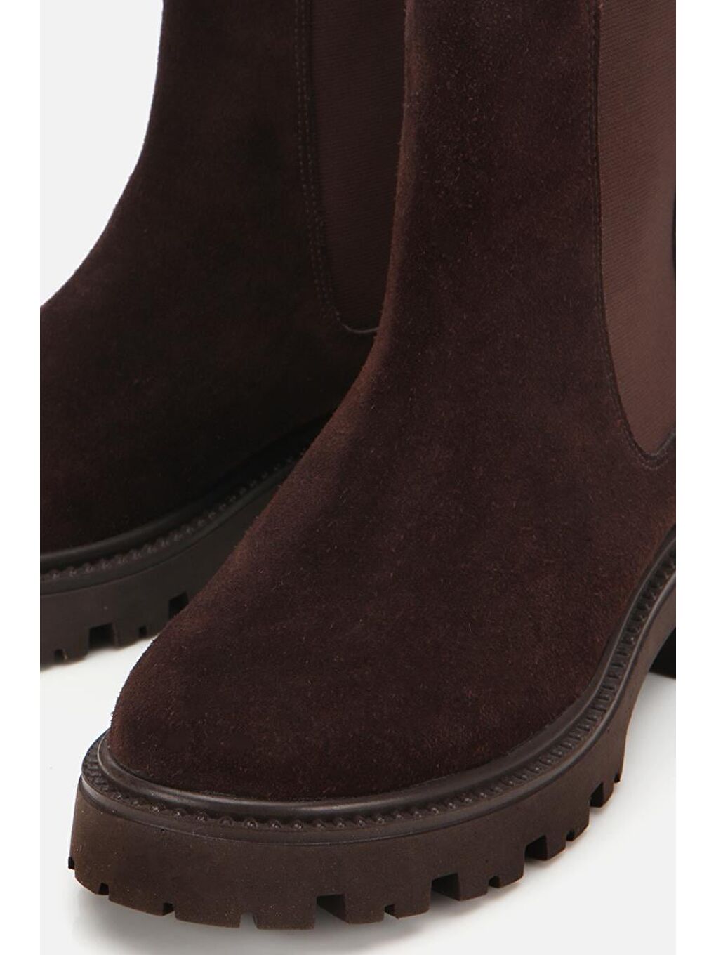 Kadın Deri Süet Kahverengi Lastik Detaylı Kalın Tabanlı Düz Bot-3