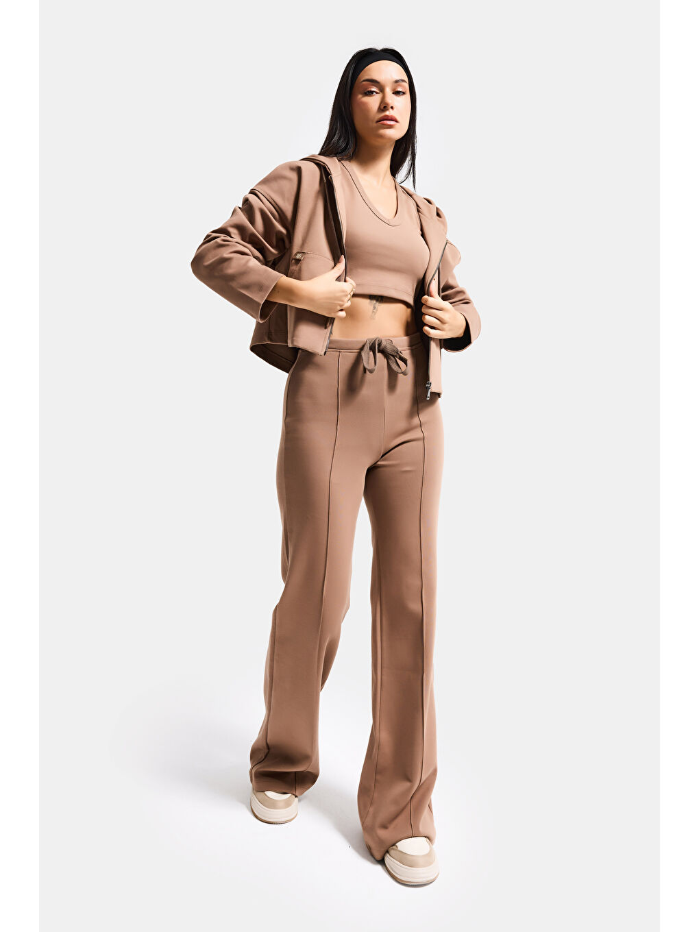 Kahverengi Kadın Kahve s6-16 Örme Kumaş Flare Eşofman Büstiyer ve Fermuarlı Sweatshirt 3'lü Kombin Takım-4