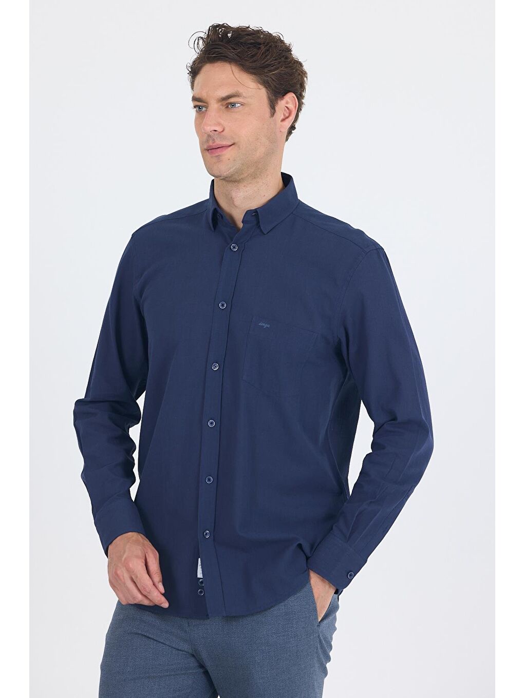 Lacivert Uzun Kol Düz Armür Oval Yaka Casual Comfort Fit Gömlek 1004250249-2