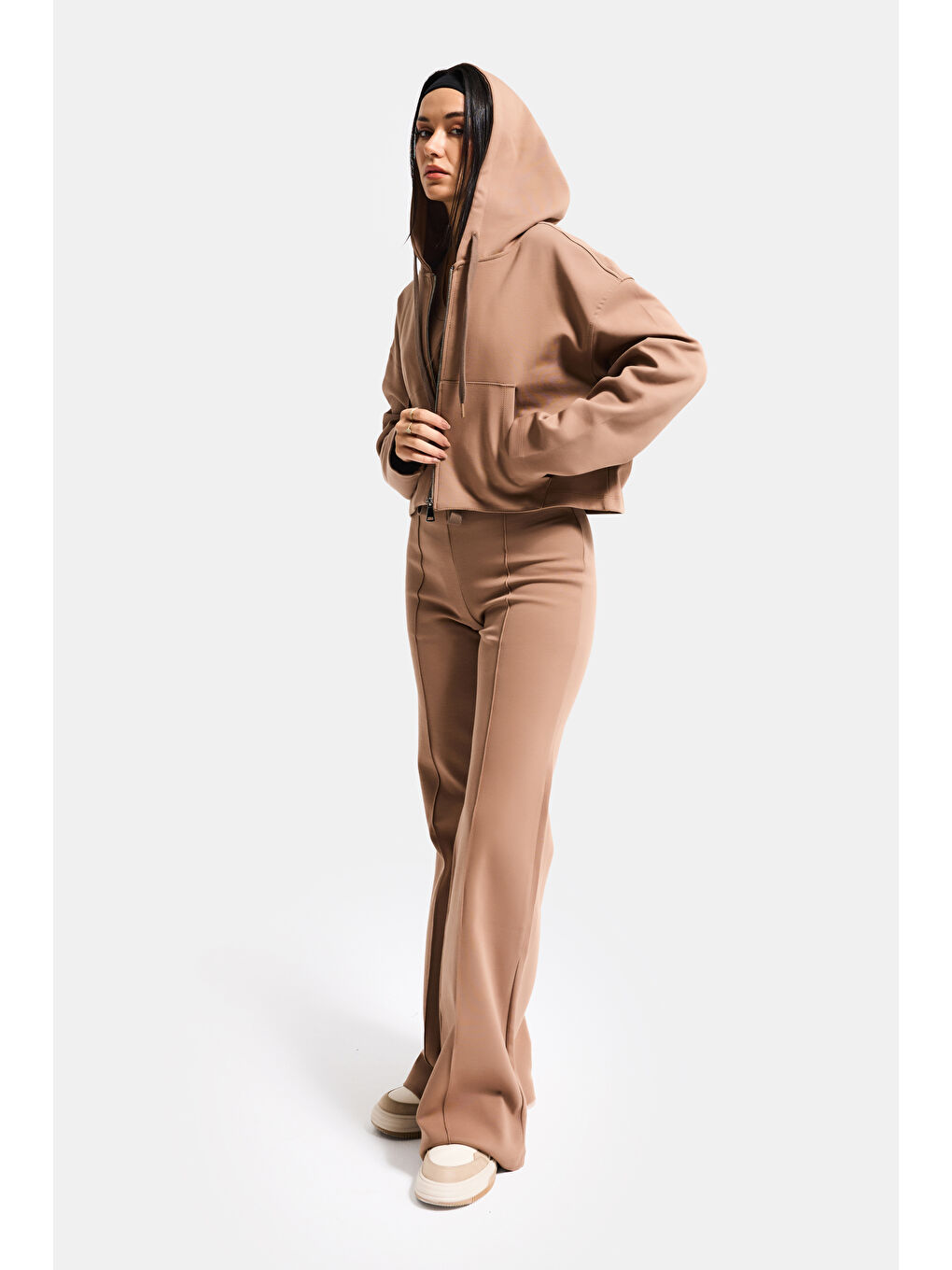 Kahverengi Kadın Kahve s6-16 Örme Kumaş Flare Eşofman Büstiyer ve Fermuarlı Sweatshirt 3'lü Kombin Takım-5