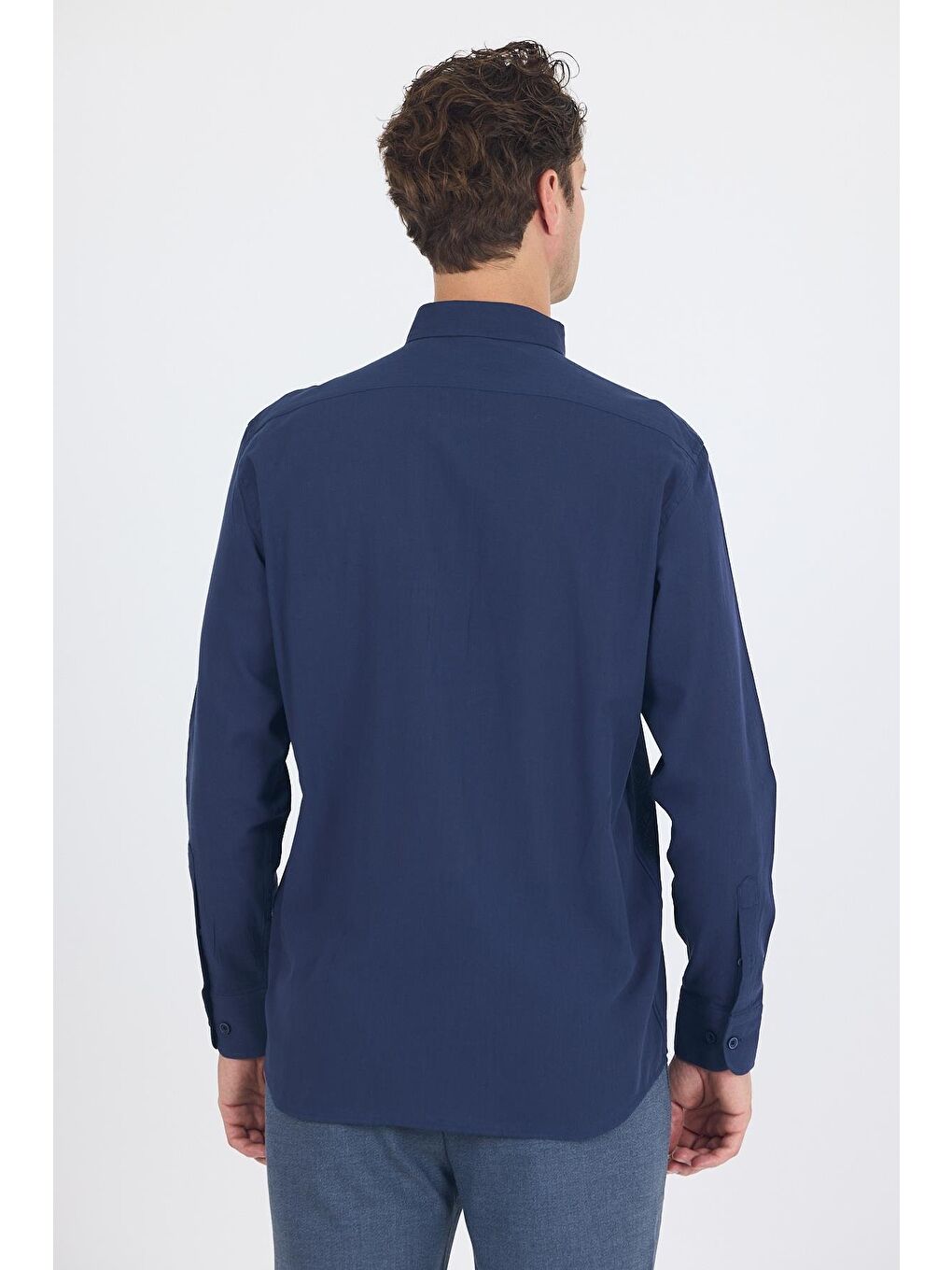 Lacivert Uzun Kol Düz Armür Oval Yaka Casual Comfort Fit Gömlek 1004250249-4