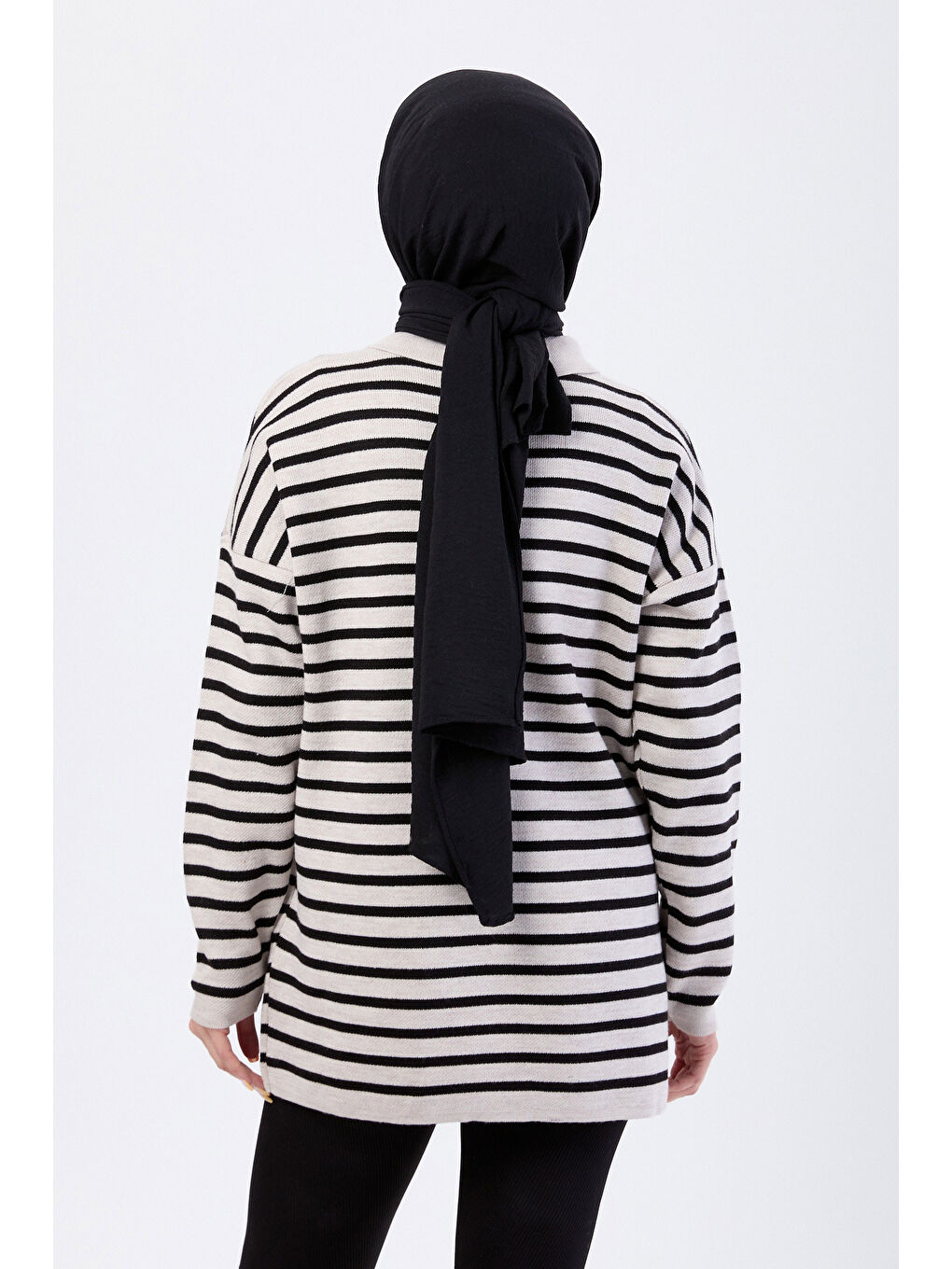 Bej Çift Düğmeli Çizgili Triko Kazak Tas - 27628-5