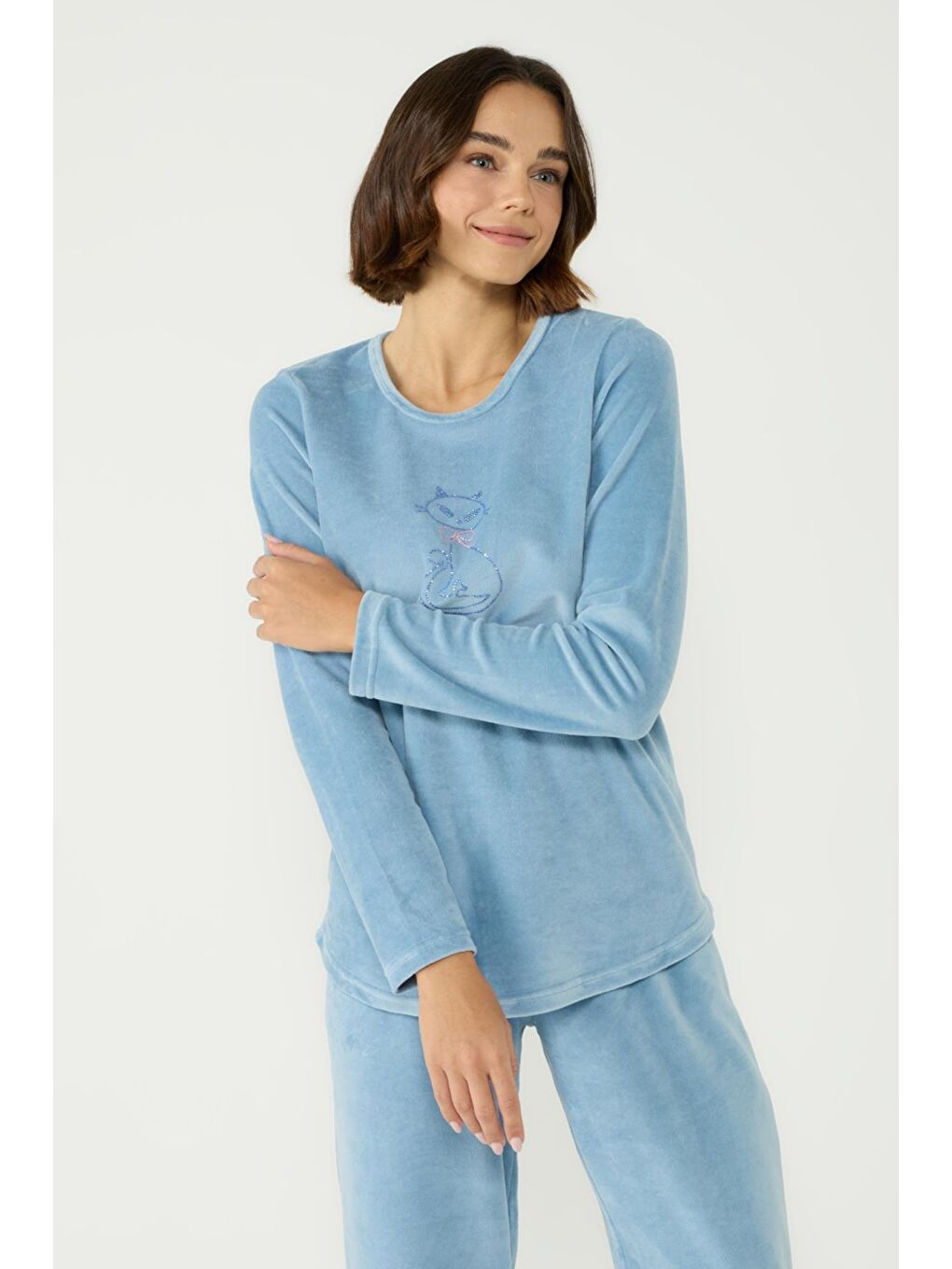 Kadife Bisiklet Yaka Uzun Kol Cepli Pijama Takım 403091 Mavi-1
