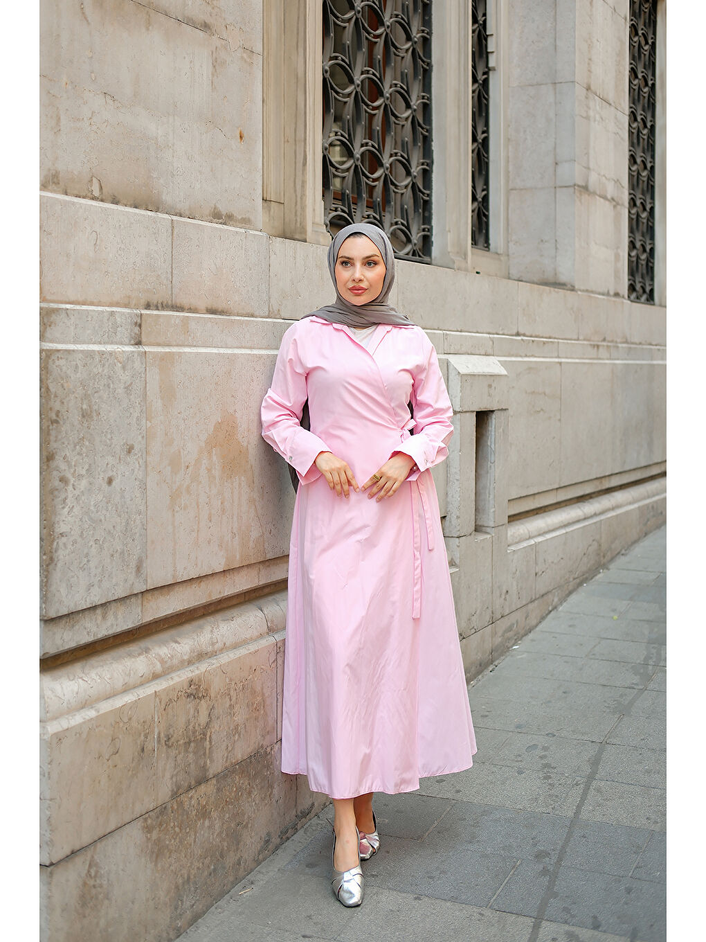 Kadın Poplin Yan Bağlamalı Elbise Pembe-2