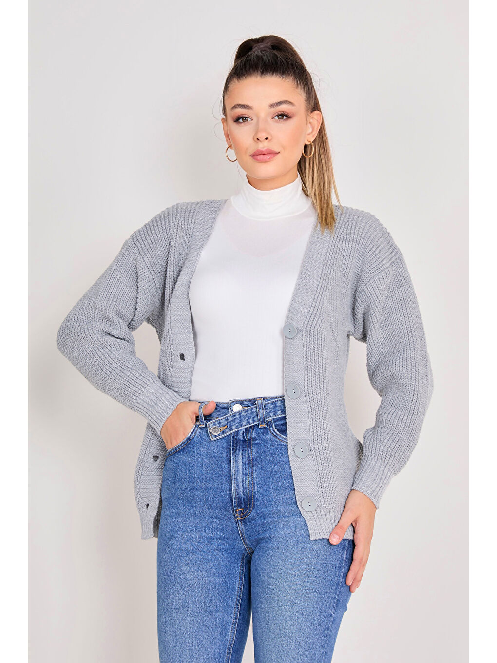 Düğmeli Triko Hırka Gri - 27651-1