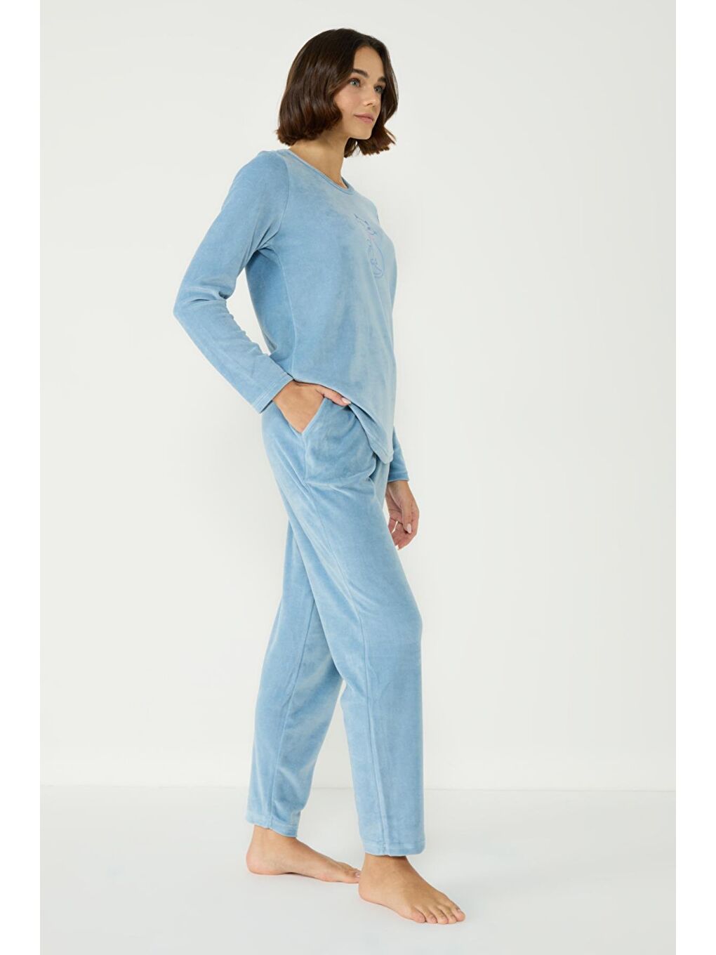 Kadife Bisiklet Yaka Uzun Kol Cepli Pijama Takım 403091 Mavi-3