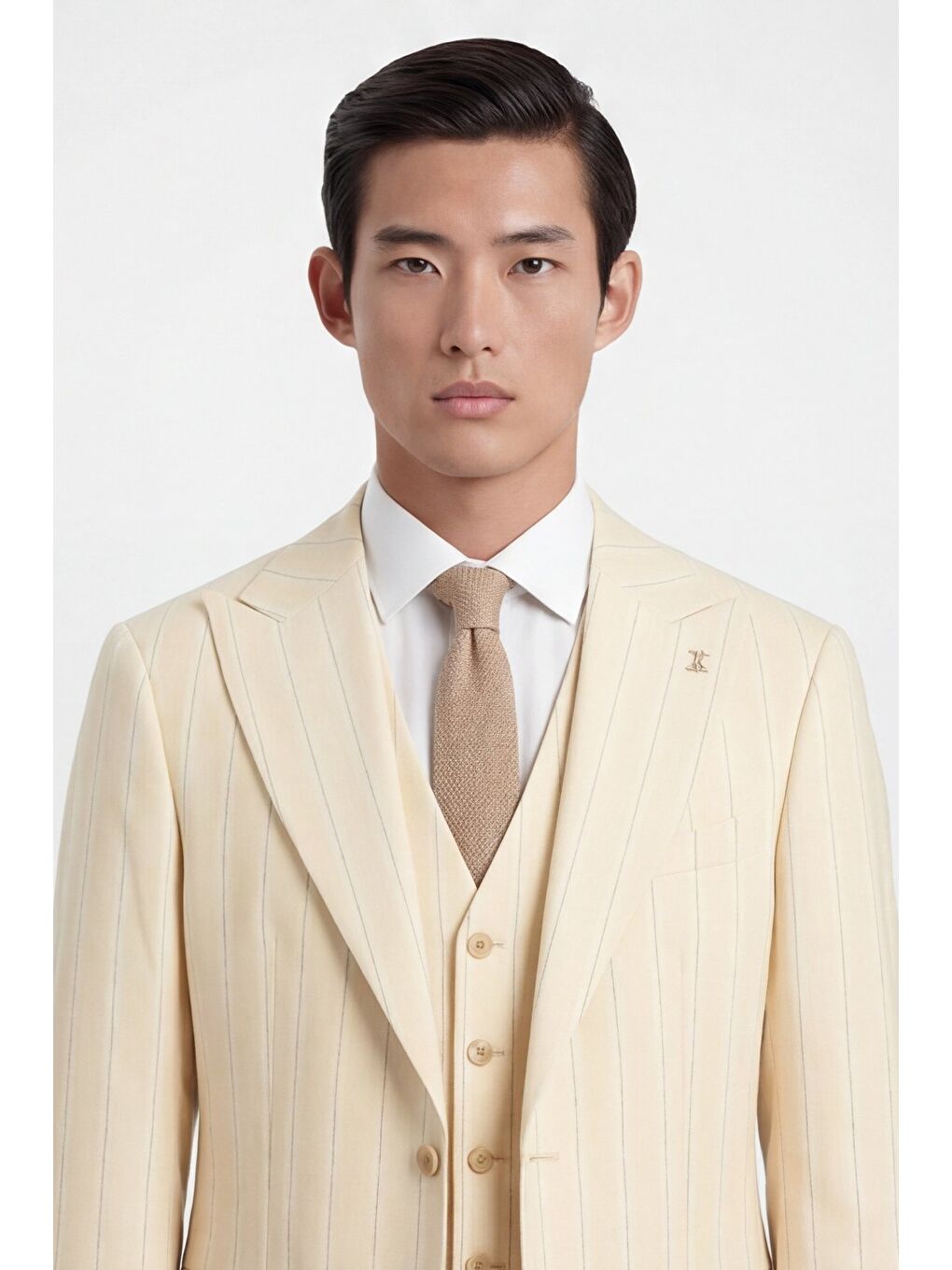 Erkek Viskon Karışımlı 8 Drop Klasik Bej Yelekli Takım Elbise-2