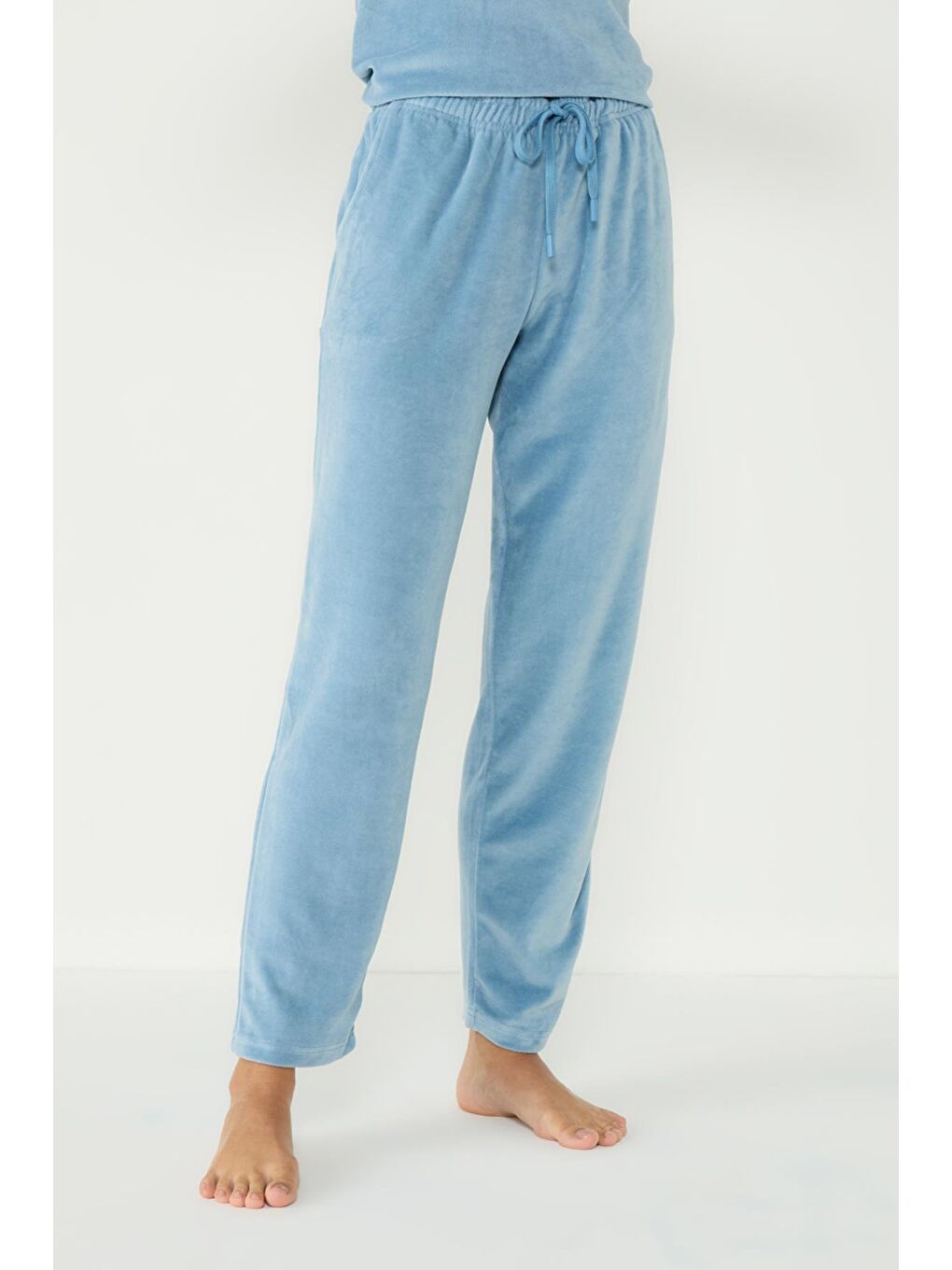 Kadife Bisiklet Yaka Uzun Kol Cepli Pijama Takım 403091 Mavi-4