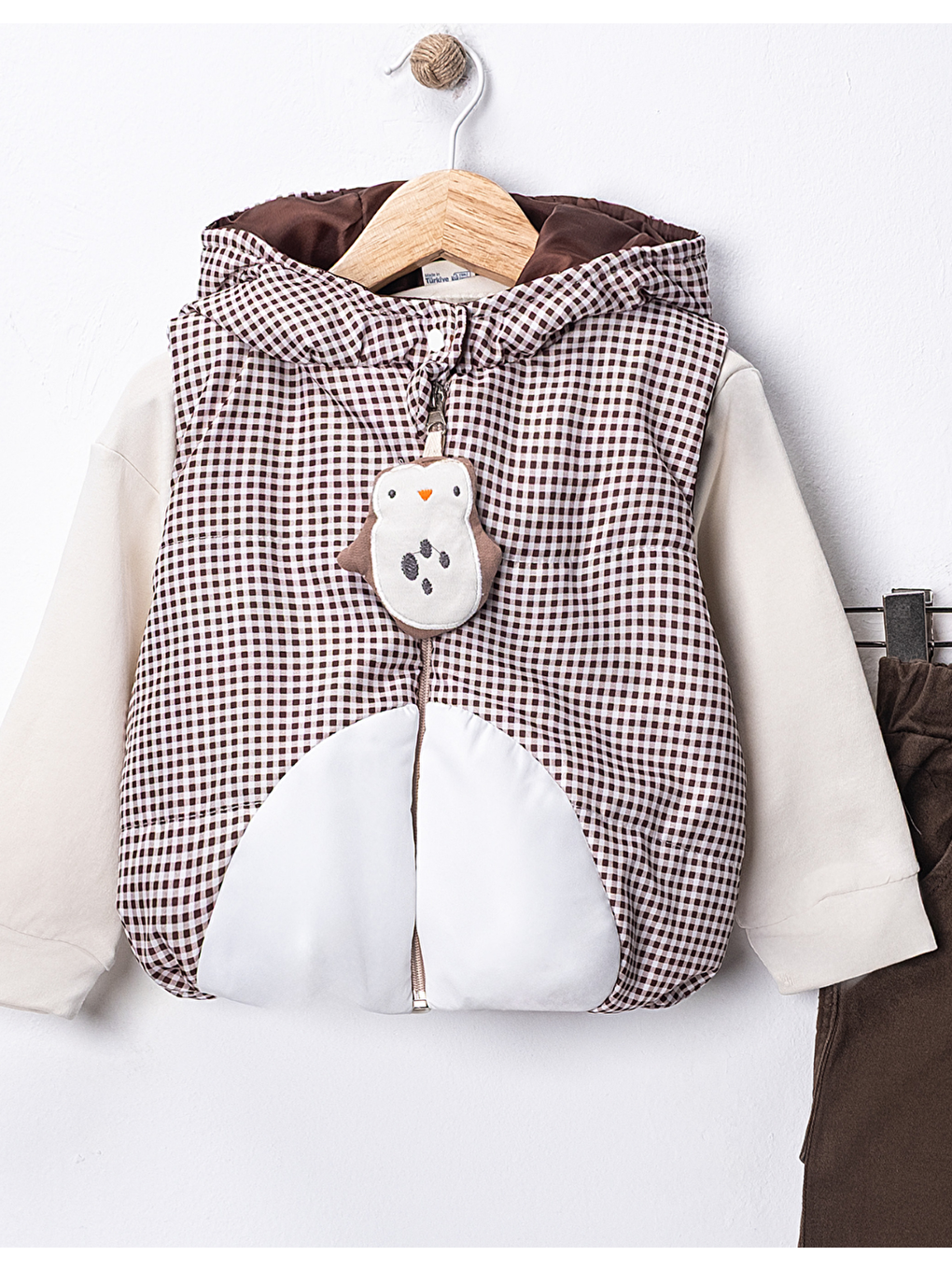 Kahverengi Erkek Bebek 3’lü Takım 9-24 Ay Şişme Yelek %100 Pamuk Sweatshirt Kadife Pantolon-5