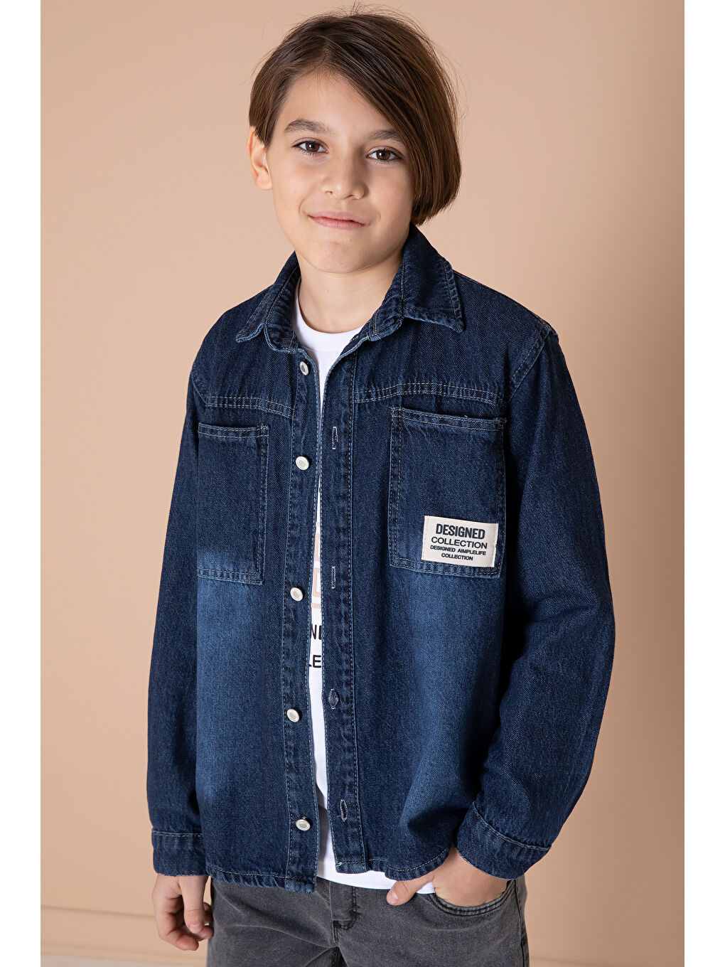 Erkek Çocuk Lacivert Armalı Cepli Bisiklet Yaka Tişörtlü Jean Gömlek 20096