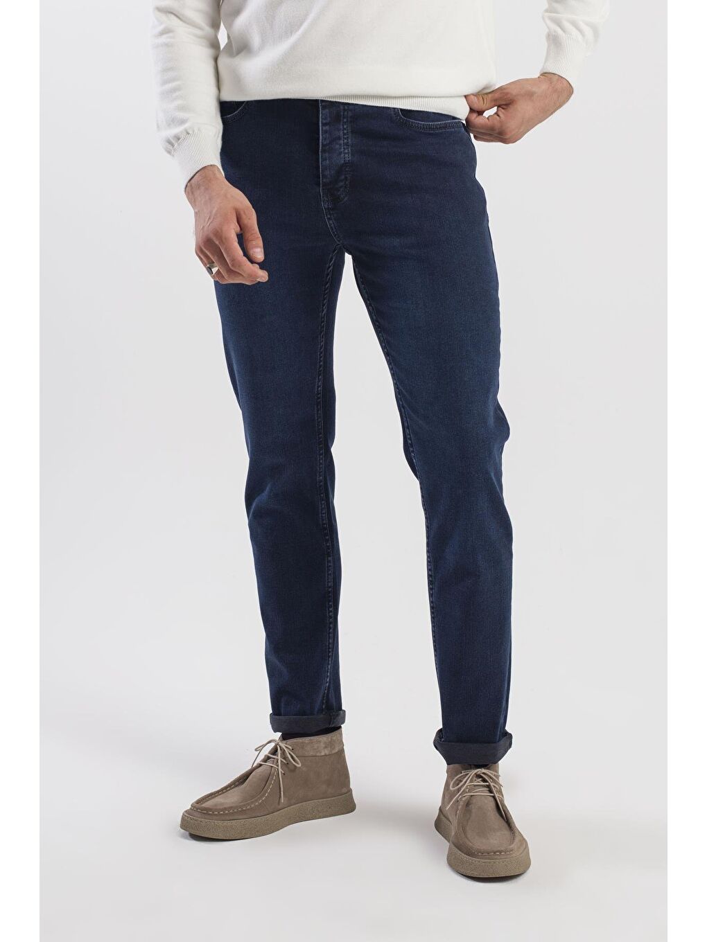Koyu Lacivert Slim Fit Yıkamalı Pamuklu Jean Pantolon-1