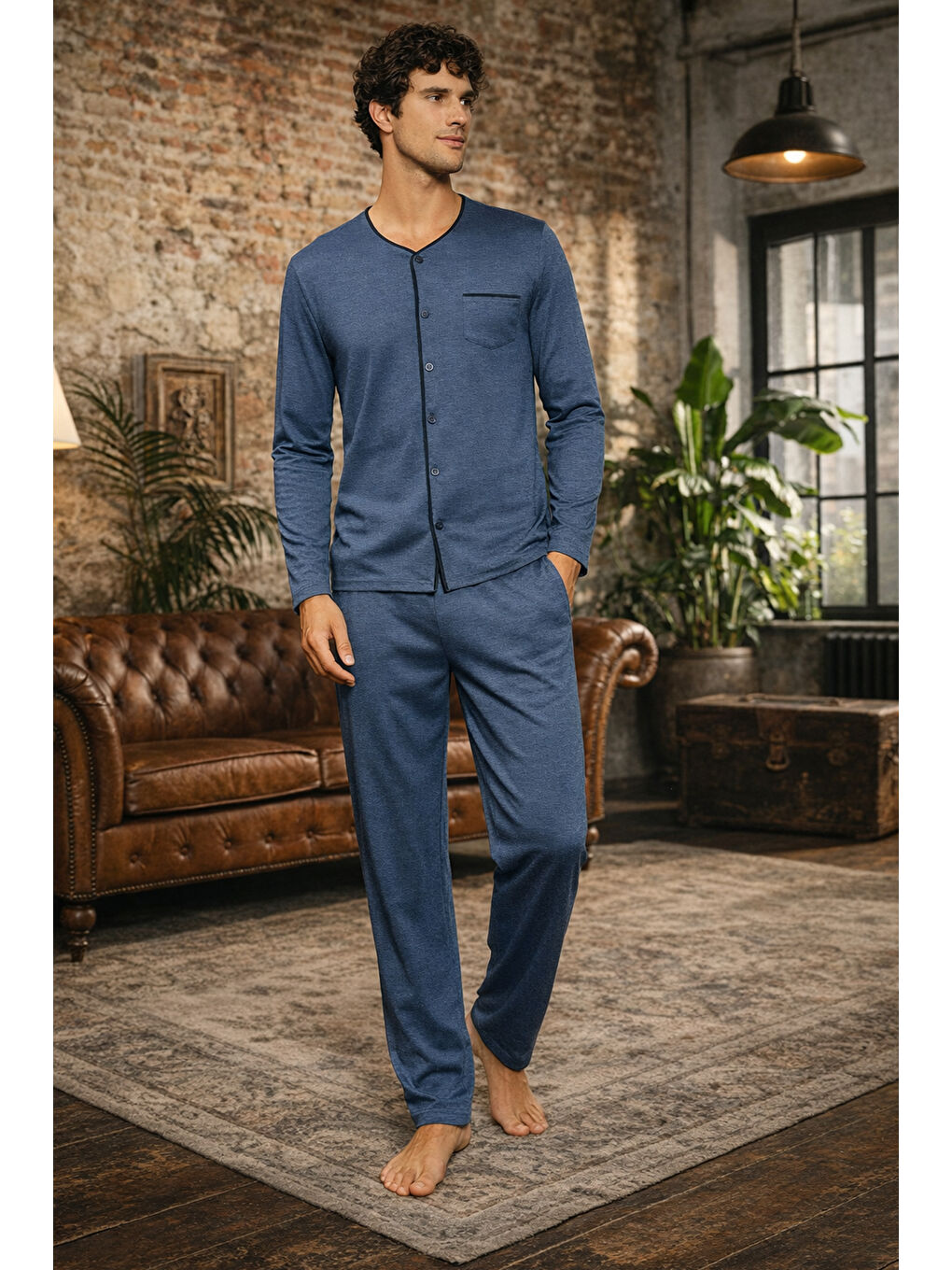 Gri Erkek Pamuklu Uzun Kol Pijama Takımı 250556 Füme-2