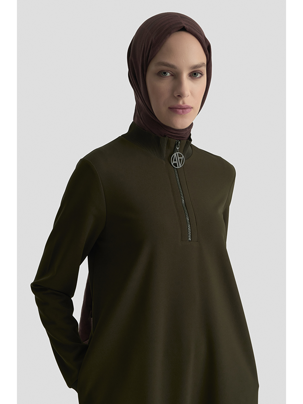 Fermuar Detaylı Basic Tunik Koyu Yeşil-1
