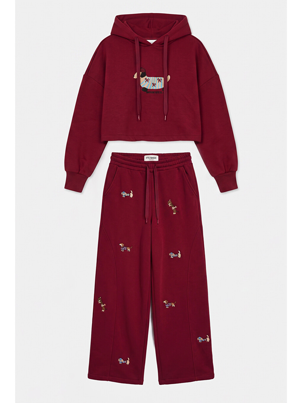 Kadın Bordo W6-35 Sweatshirt Eşofman Pantolon 2'li Nakış Figürlü Tasarım Takım-3