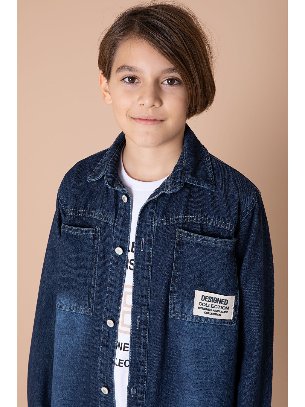 Erkek Çocuk Lacivert Armalı Cepli Bisiklet Yaka Tişörtlü Jean Gömlek 20096-3