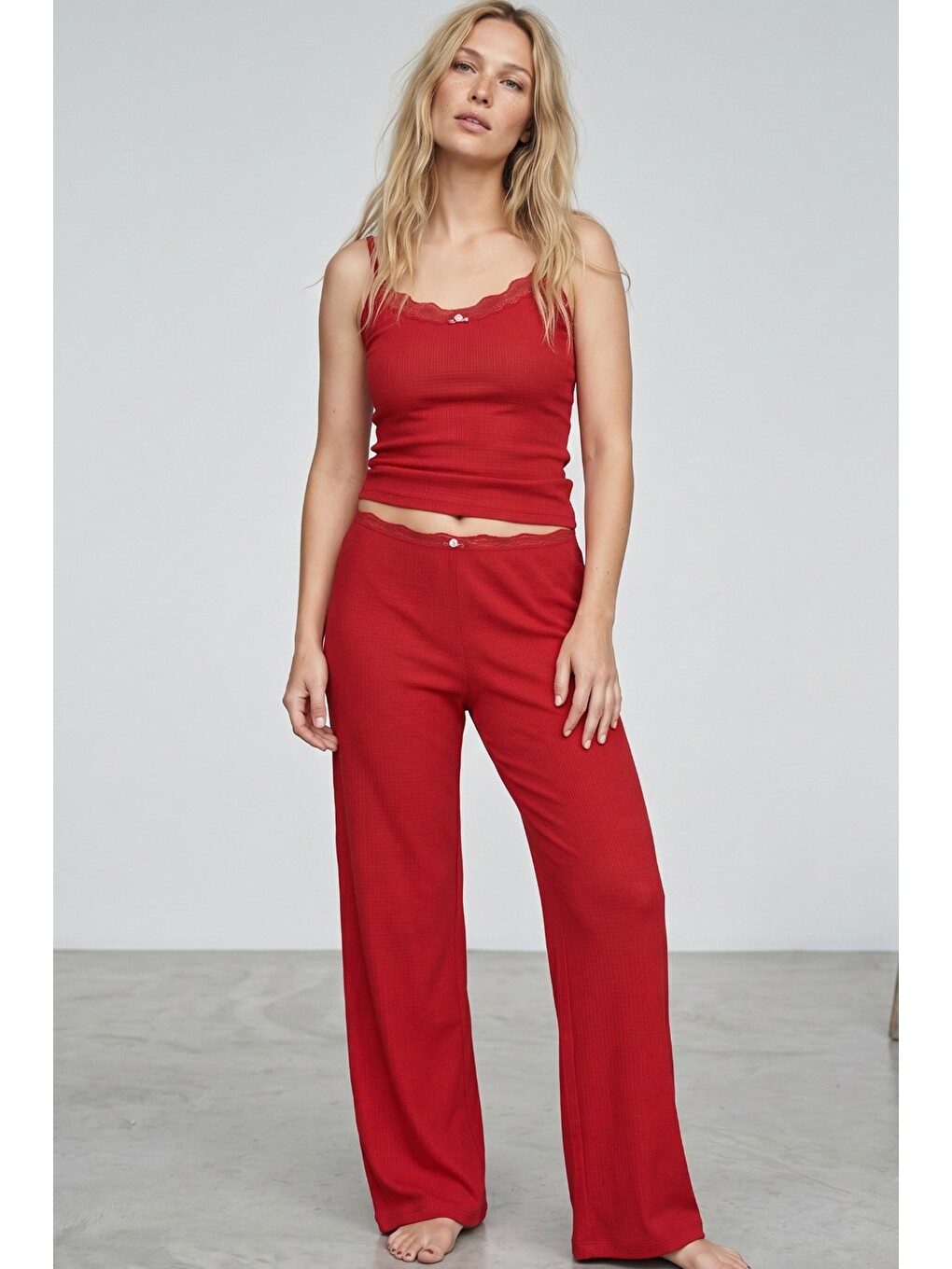 Kırmızı Bürümcük-krınkıl İp Askılı Pijama Takım 8059-1