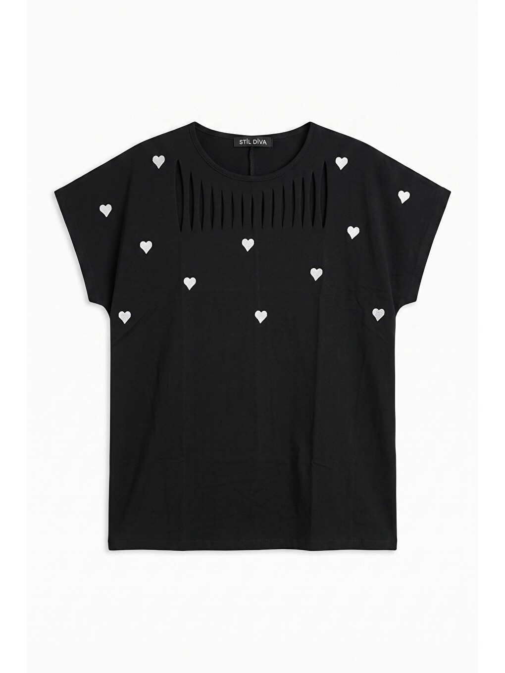 Siyah Kalp Nakışlı Kesik Detaylı T-shirt-5