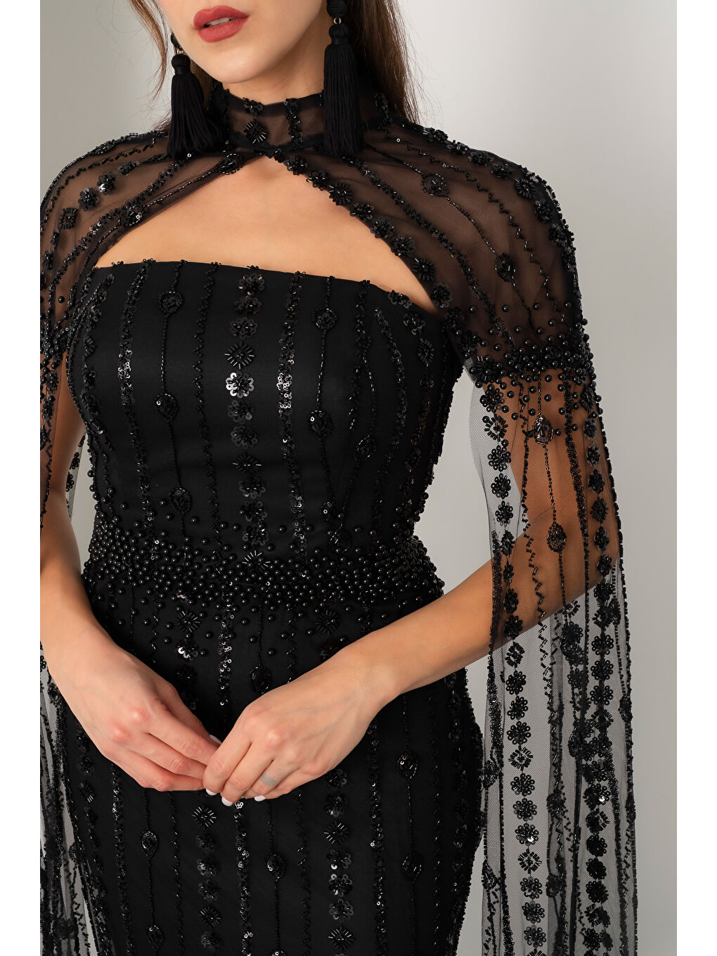 Kadın Siyah Şallı Uzun Kol Dik Yaka Boncuklu Uzun Abiye Elbise-3