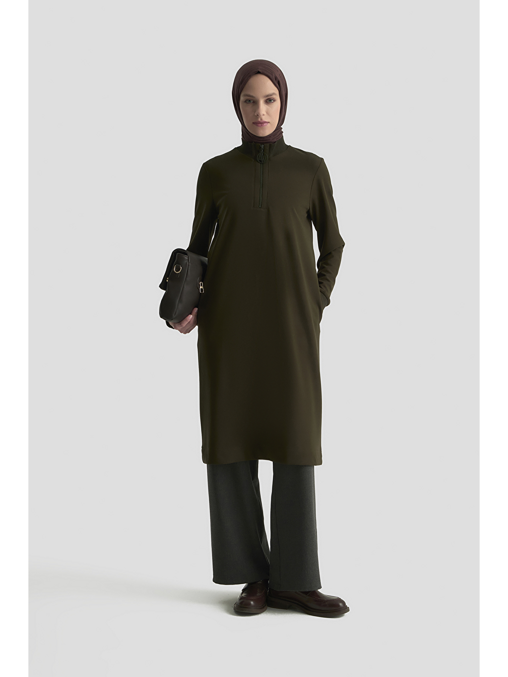Fermuar Detaylı Basic Tunik Koyu Yeşil-3