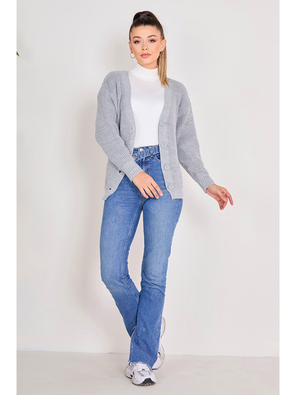 Düğmeli Triko Hırka Gri - 27651-2