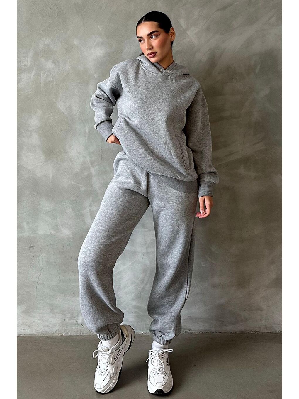 Gri Bej Kapüşonlu Oversize Kadın Eşofman Takım Mg1905