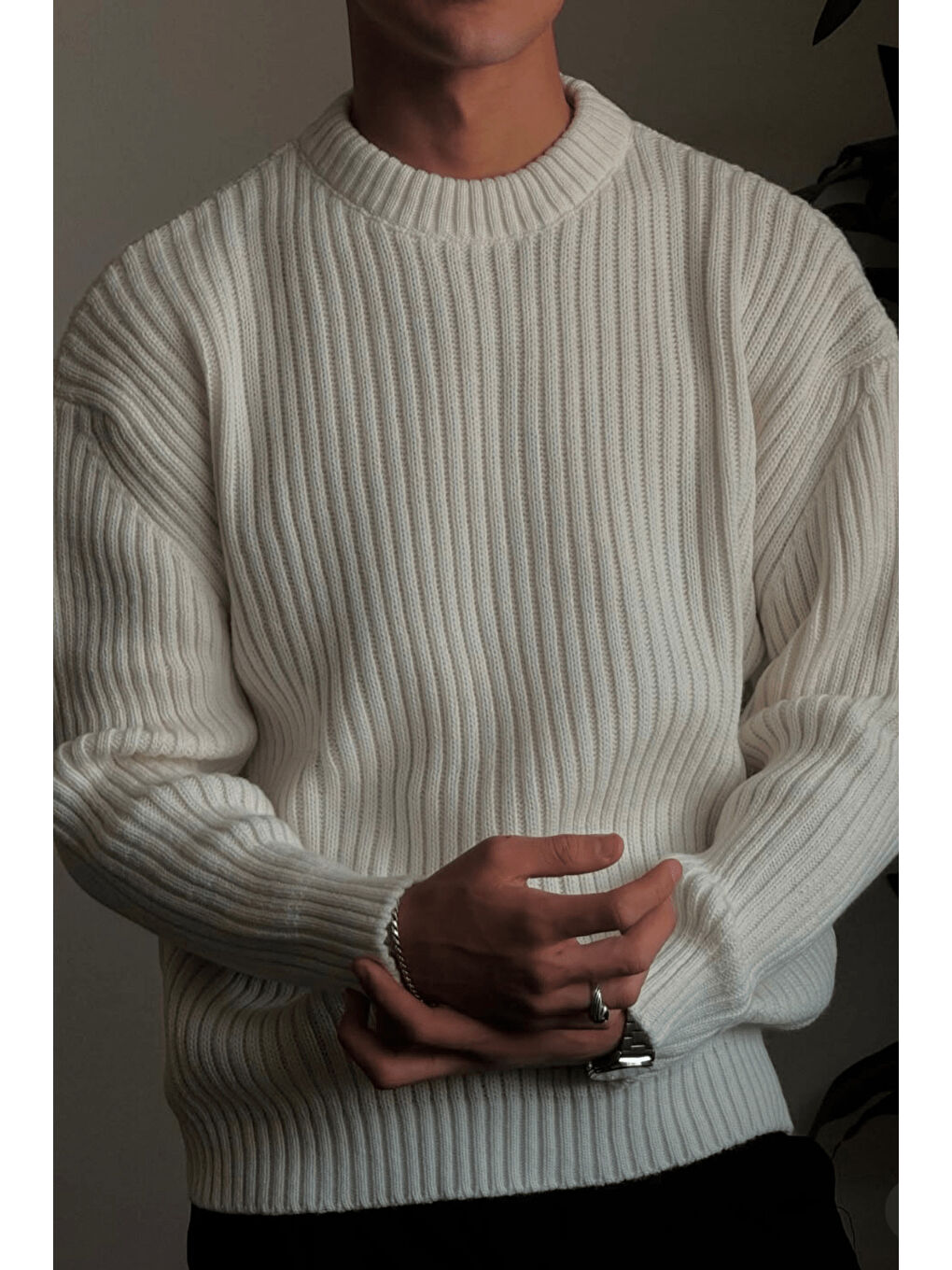 Beyaz Erkek Fitilli Örme Regular Triko Kazak