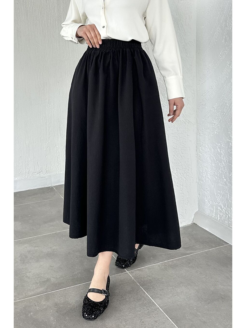 Siyah Bel Lastikli Cepli Tesettür Etek-3