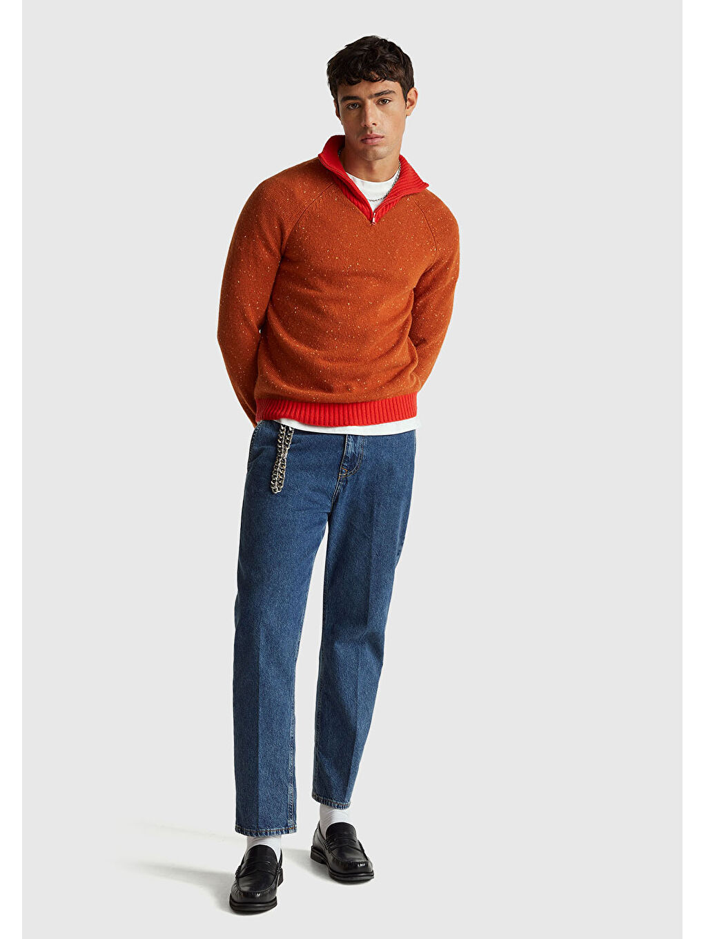 Erkek Turuncu  Yün Viskoz Karışımlı Yarım Fermuarlı Dik Yaka Stranger Things Kazak-4