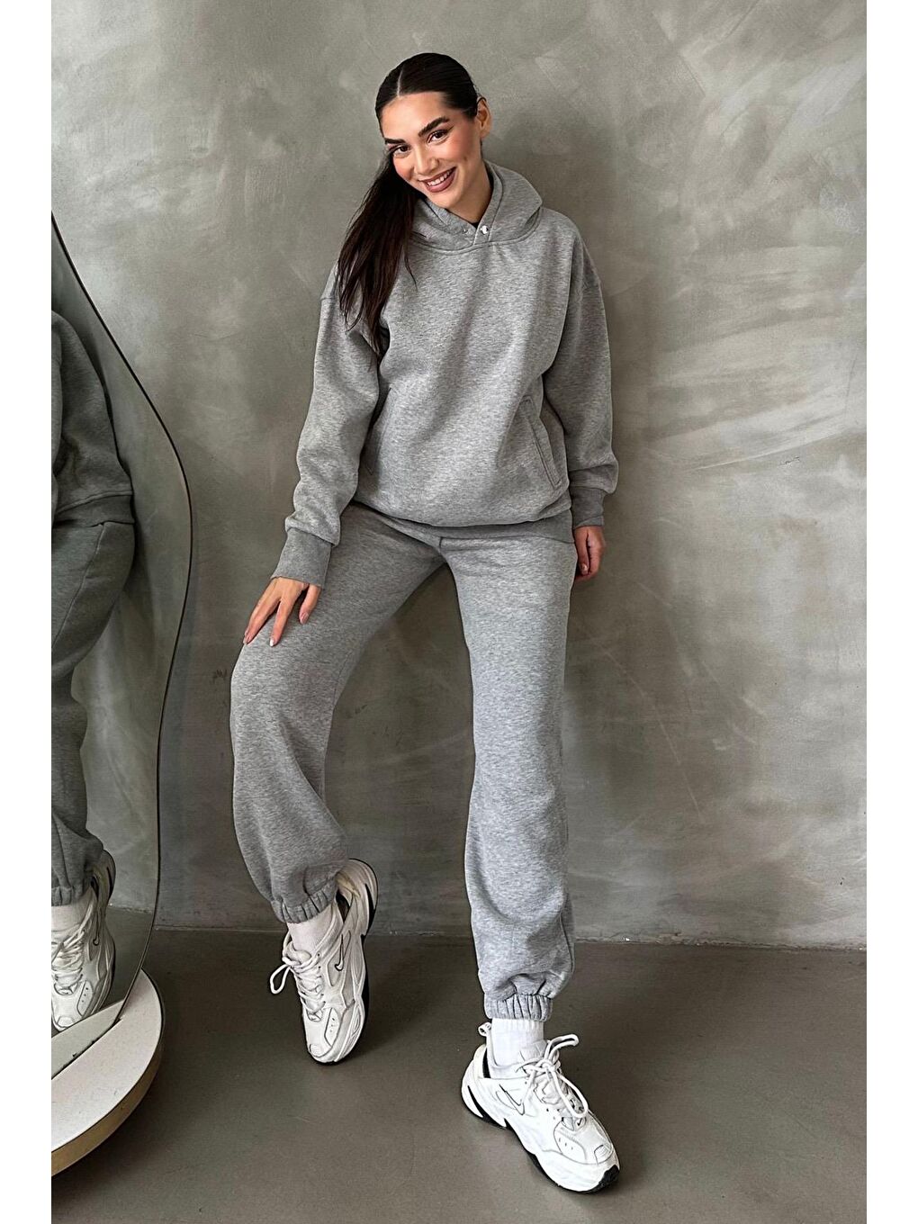 Gri Bej Kapüşonlu Oversize Kadın Eşofman Takım Mg1905-1