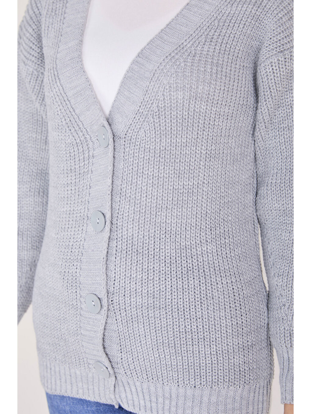 Düğmeli Triko Hırka Gri - 27651-3