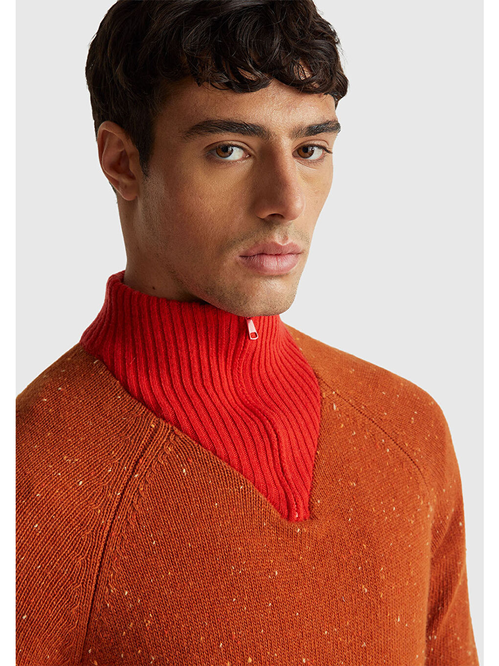 Erkek Turuncu  Yün Viskoz Karışımlı Yarım Fermuarlı Dik Yaka Stranger Things Kazak-5