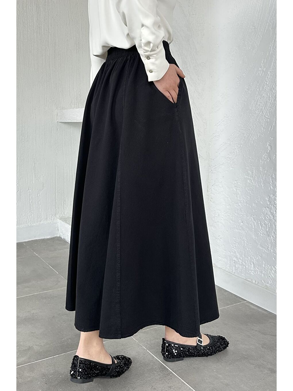 Siyah Bel Lastikli Cepli Tesettür Etek-5